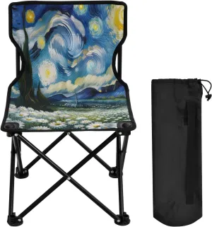 Starry Night Chrysanthemum Oil Painting Portable Outdoor Folding Chair Anti-Slip Padded Oxford Cloth Stool Camping Chair Small for Beach Hiking Fishing Gardening Quad Camp Chair