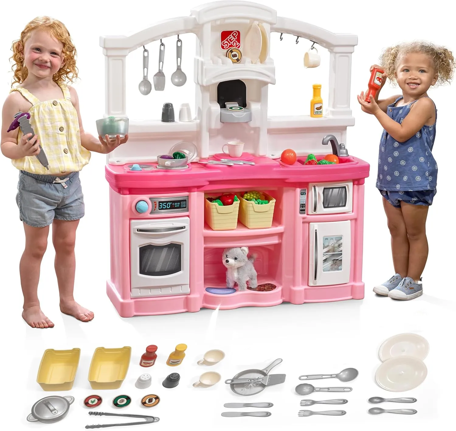 Step2 Fun with Friends Kids Kitchen Playset, Indoor/Outdoor Kitchenette, Interactive Play with Lights and Sounds, Durable Plastic, Includes 25 Piece Toy Accessories, Toddlers 2  Years Old, Pink