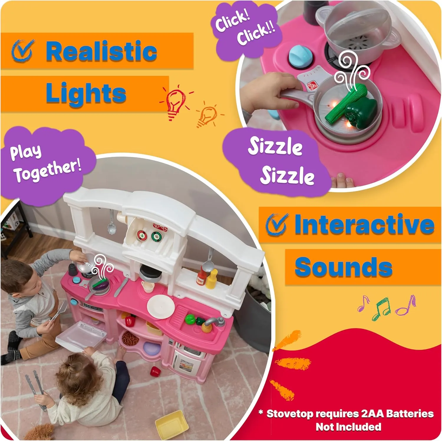 Step2 Fun with Friends Kids Kitchen Playset, Indoor/Outdoor Kitchenette, Interactive Play with Lights and Sounds, Durable Plastic, Includes 25 Piece Toy Accessories, Toddlers 2  Years Old, Pink
