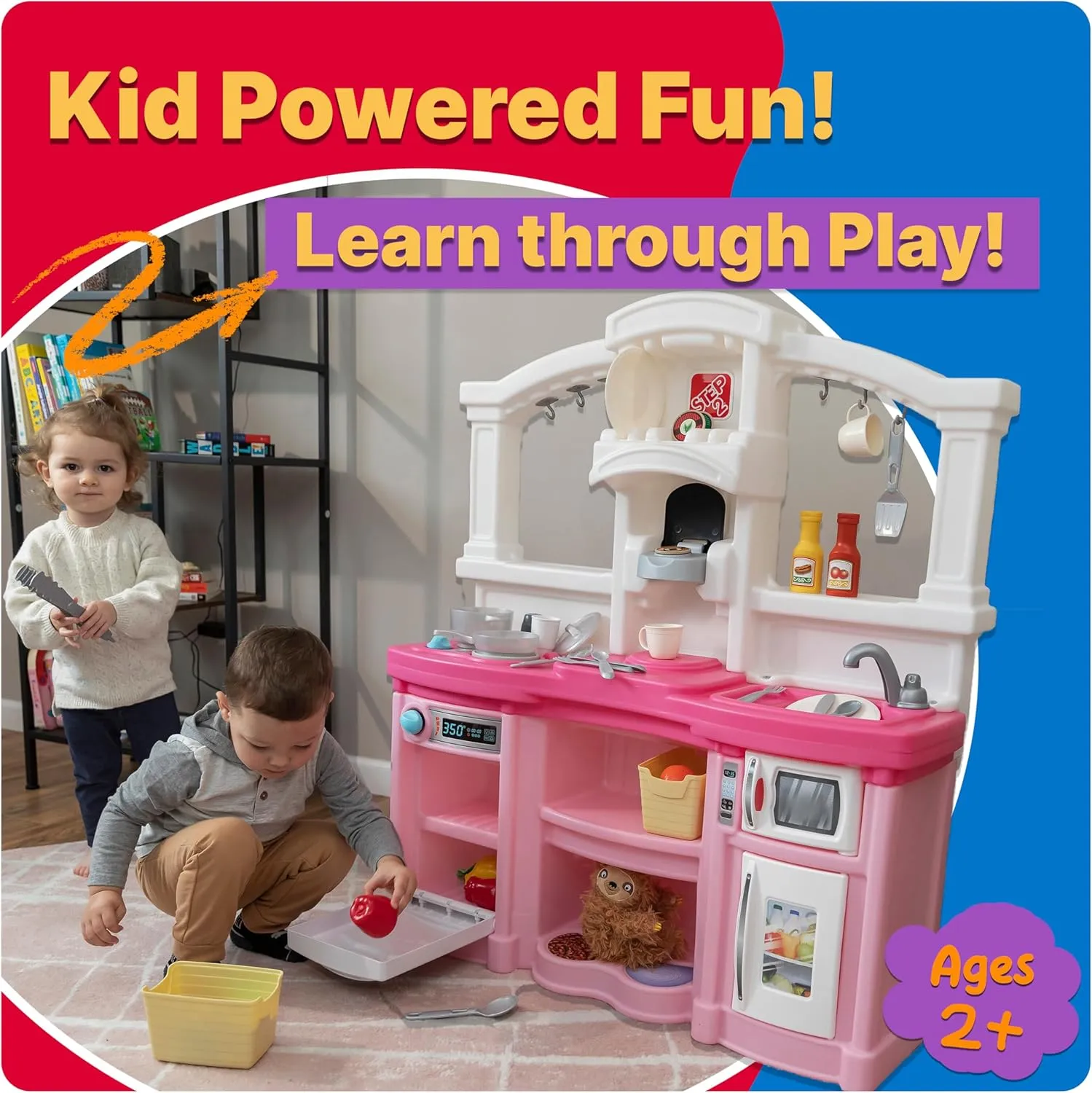 Step2 Fun with Friends Kids Kitchen Playset, Indoor/Outdoor Kitchenette, Interactive Play with Lights and Sounds, Durable Plastic, Includes 25 Piece Toy Accessories, Toddlers 2  Years Old, Pink