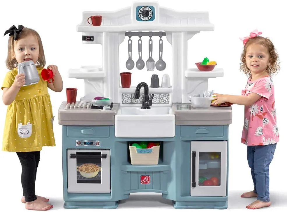 Step2 Timeless Trends Kids Kitchen Playset, Indoor/Outdoor Kitchenette, Interactive Play with Lights and Sounds, Made of Durable Plastic, Includes 21 Piece Toy Accessories, for Toddlers 2  Years Old