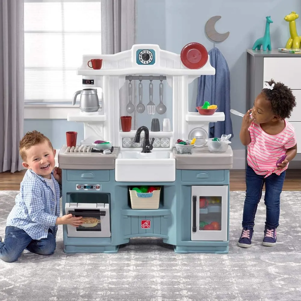 Step2 Timeless Trends Kids Kitchen Playset, Indoor/Outdoor Kitchenette, Interactive Play with Lights and Sounds, Made of Durable Plastic, Includes 21 Piece Toy Accessories, for Toddlers 2  Years Old