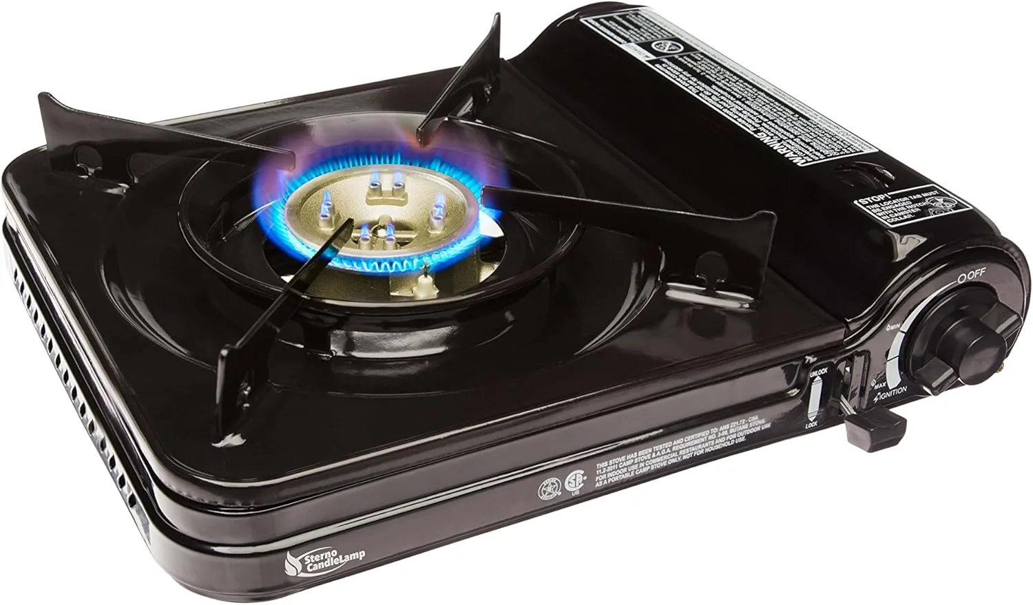 Sterno 50106 Portable Butane Stove with Piezo Electronic Ignition and Adjustable Flame, 9000 BTU, Black