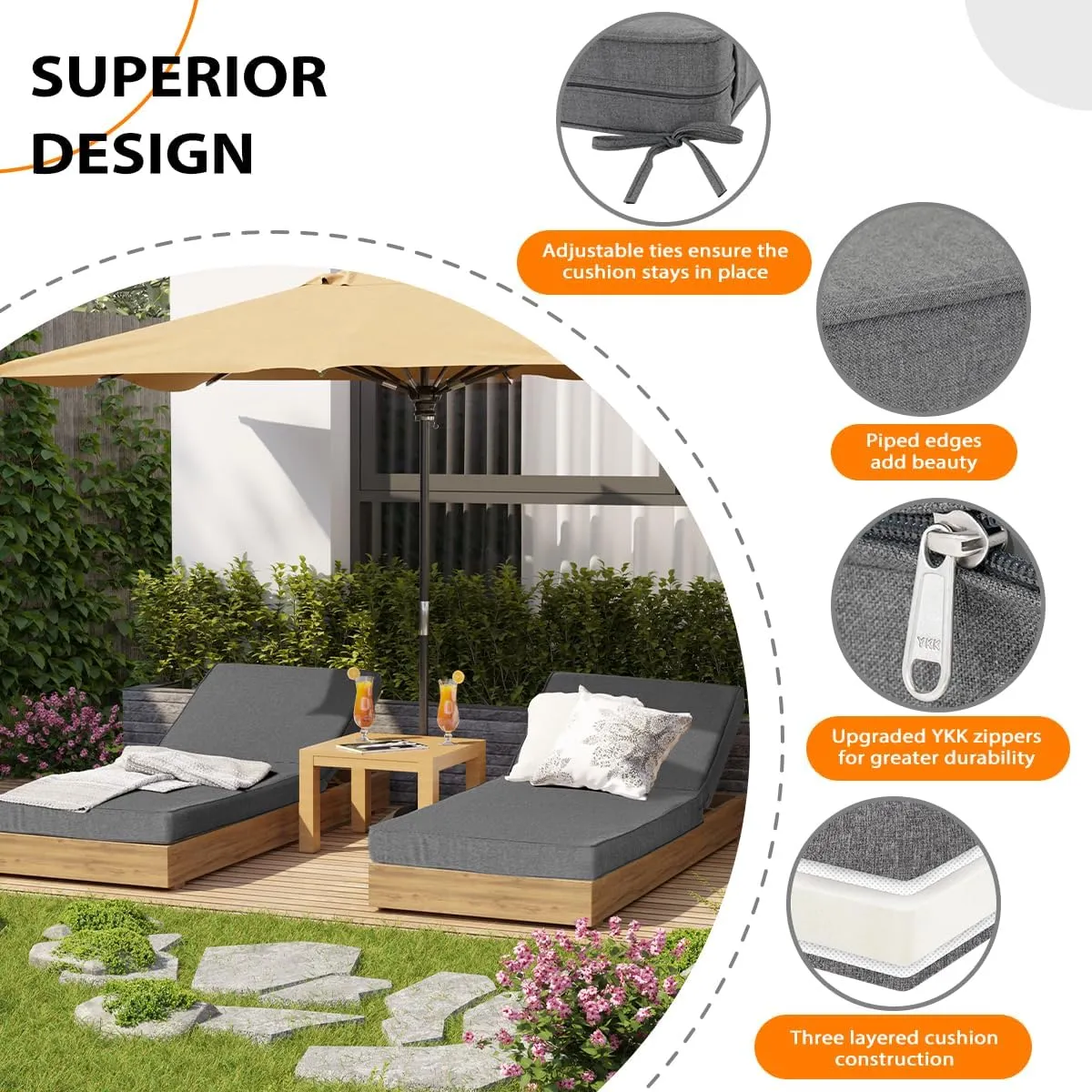 Sundale Outdoor Chaise Lounge Cushion with Sunbrella Fabric, Patio Acrylic Lounge Chair Pad, Water-Resistant Lounger Cushion with Straps, 80 x 26 x 4 Inches - Cast Slate