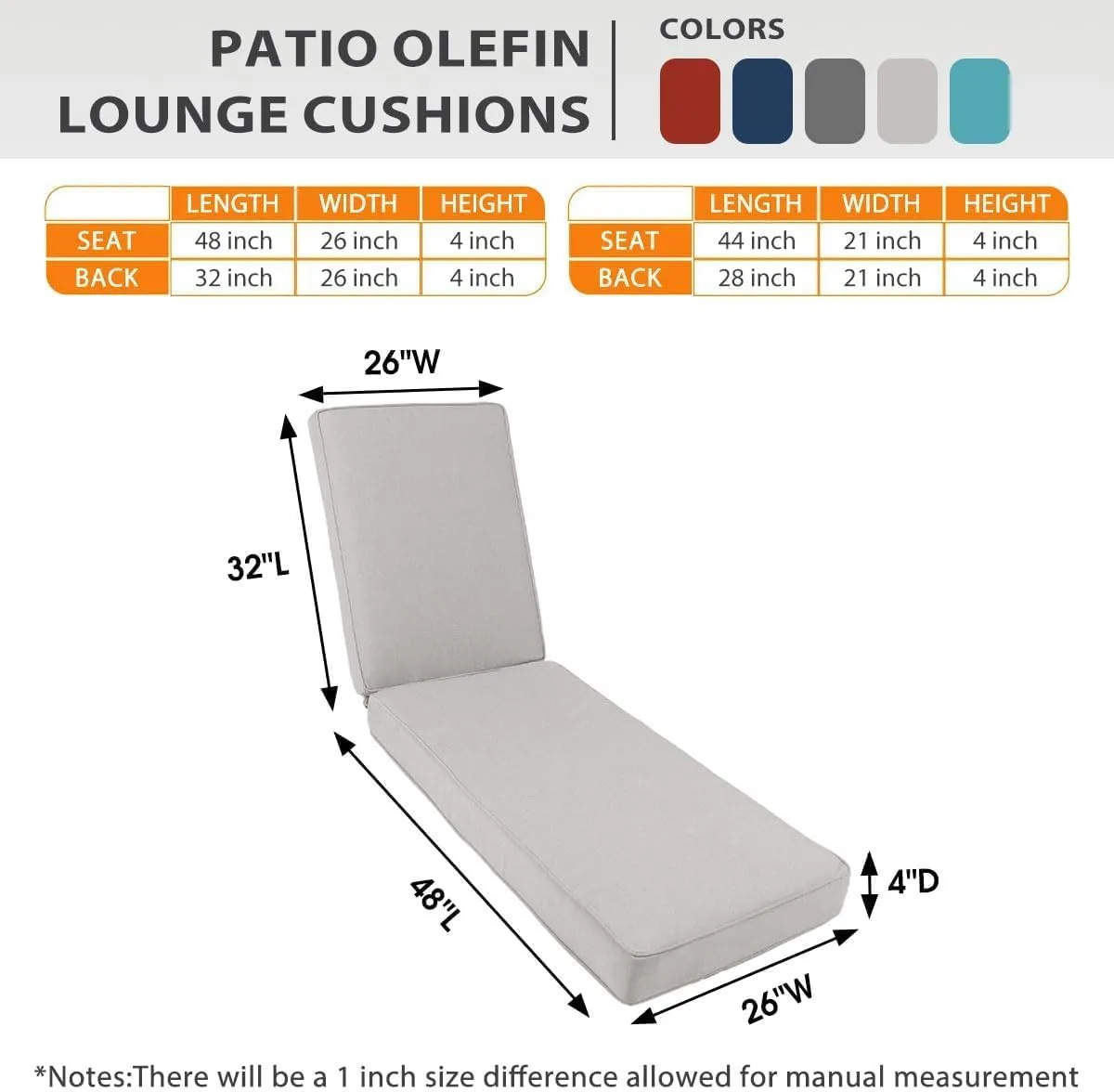 Sundale Outdoor Olefin Chaise Lounge Cushion, Water-Resistant Patio Lounge Chair Cushion, Thick Lounger Pad with 8 Straps Light Gray, 80 x 26 x 4 Inches
