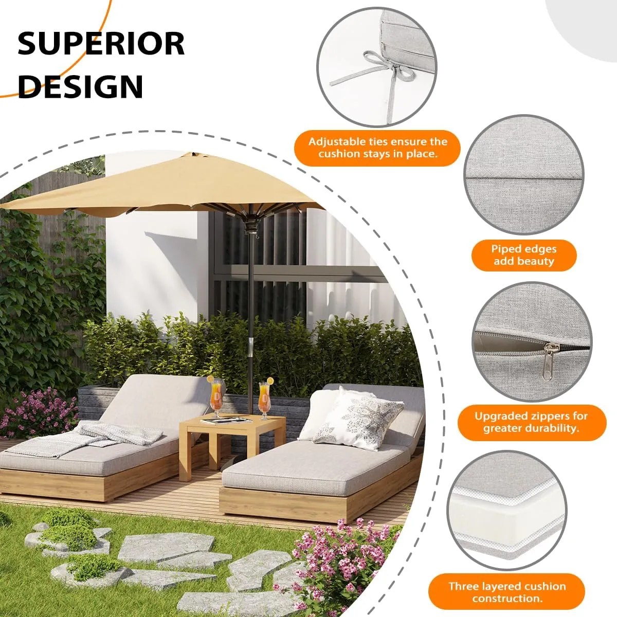 Sundale Outdoor Olefin Chaise Lounge Cushion, Water-Resistant Patio Lounge Chair Cushion, Thick Lounger Pad with 8 Straps Light Gray, 80 x 26 x 4 Inches