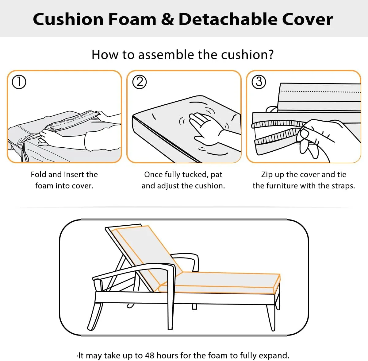 Sundale Outdoor Olefin Chaise Lounge Cushion, Water-Resistant Patio Lounge Chair Cushion, Thick Lounger Pad with 8 Straps Light Gray, 80 x 26 x 4 Inches
