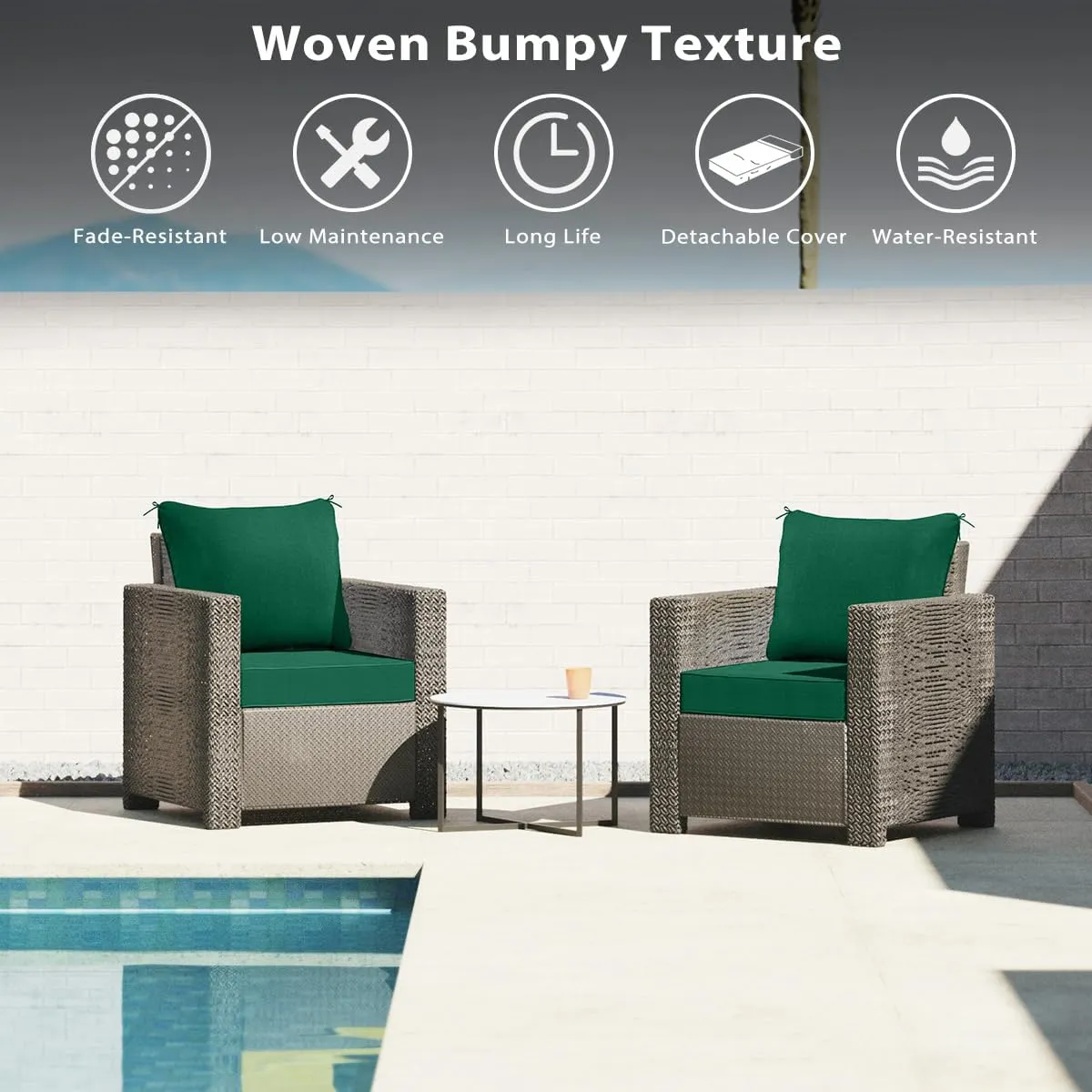 Sundale Outdoor Olefin Deep Seat Cushion Set of 2, Patio Chair Cushion and Pillow, Water-Resistant Sectional Sofa Pad with Straps Dark Green, 24 x 24 x 6 Inches