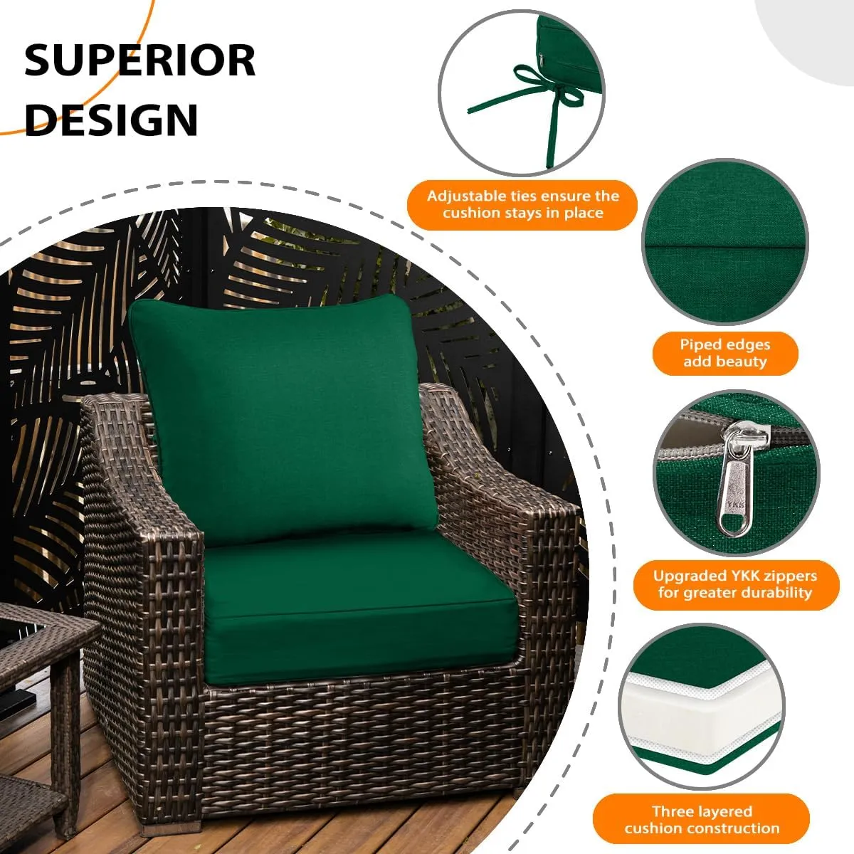 Sundale Outdoor Olefin Deep Seat Cushion Set of 2, Patio Chair Cushion and Pillow, Water-Resistant Sectional Sofa Pad with Straps Dark Green, 24 x 24 x 6 Inches