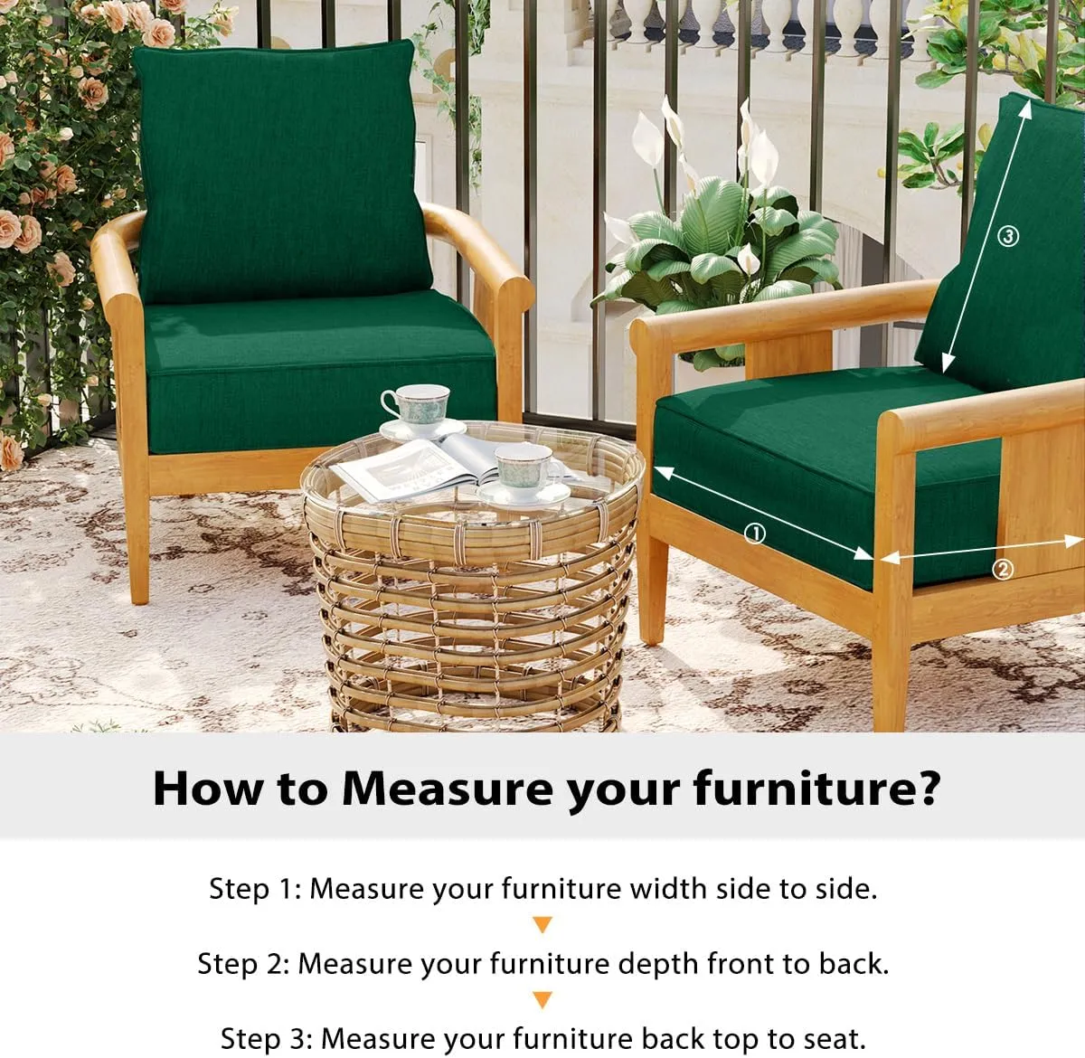 Sundale Outdoor Olefin Deep Seat Cushion Set of 2, Patio Chair Cushion and Pillow, Water-Resistant Sectional Sofa Pad with Straps Dark Green, 24 x 24 x 6 Inches