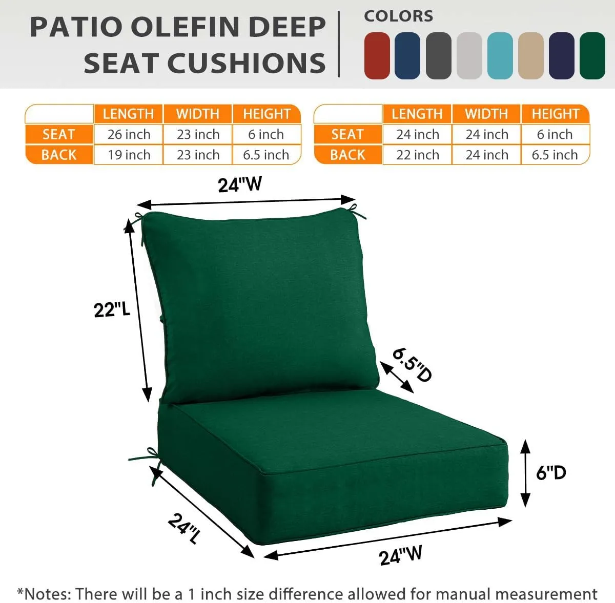 Sundale Outdoor Olefin Deep Seat Cushion Set of 2, Patio Chair Cushion and Pillow, Water-Resistant Sectional Sofa Pad with Straps Dark Green, 24 x 24 x 6 Inches