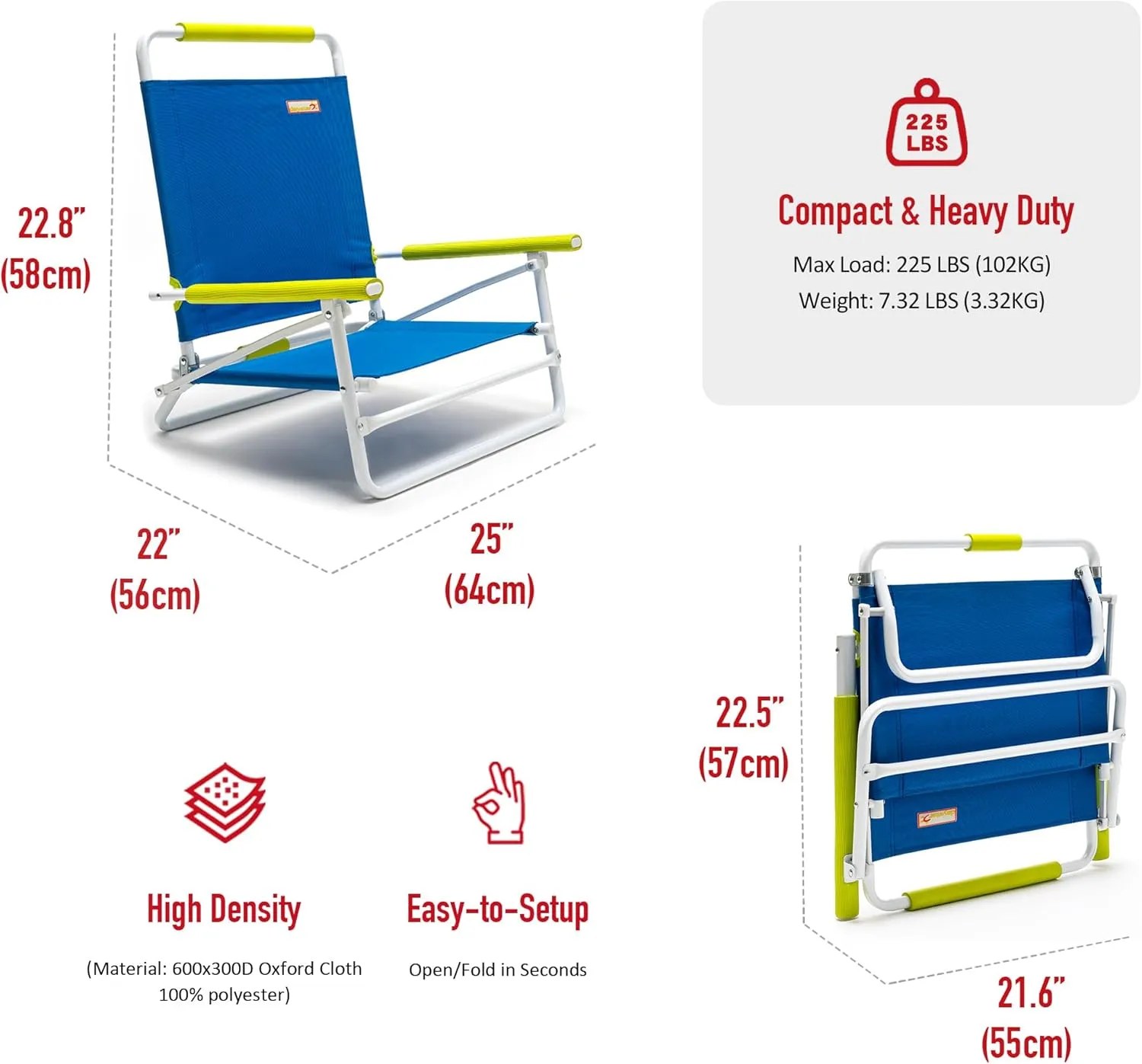 SunnyFeel Low Folding Beach Chair for Adults, Lightweight Beach Chair, Portable Camping Sand Chairs with Hard Armrest, Supports 300lbs for Beach Lawn Concert