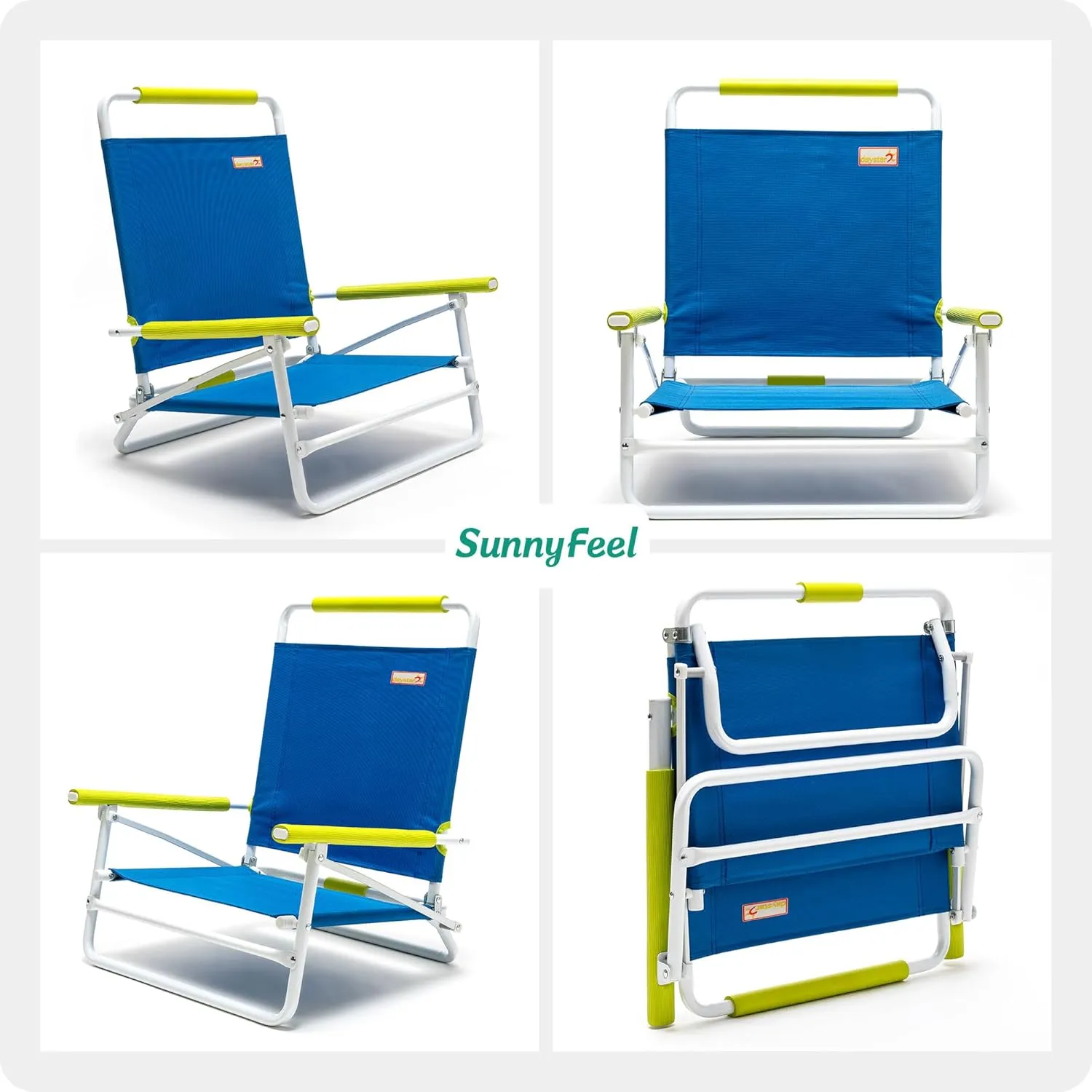 SunnyFeel Low Folding Beach Chair for Adults, Lightweight Beach Chair, Portable Camping Sand Chairs with Hard Armrest, Supports 300lbs for Beach Lawn Concert