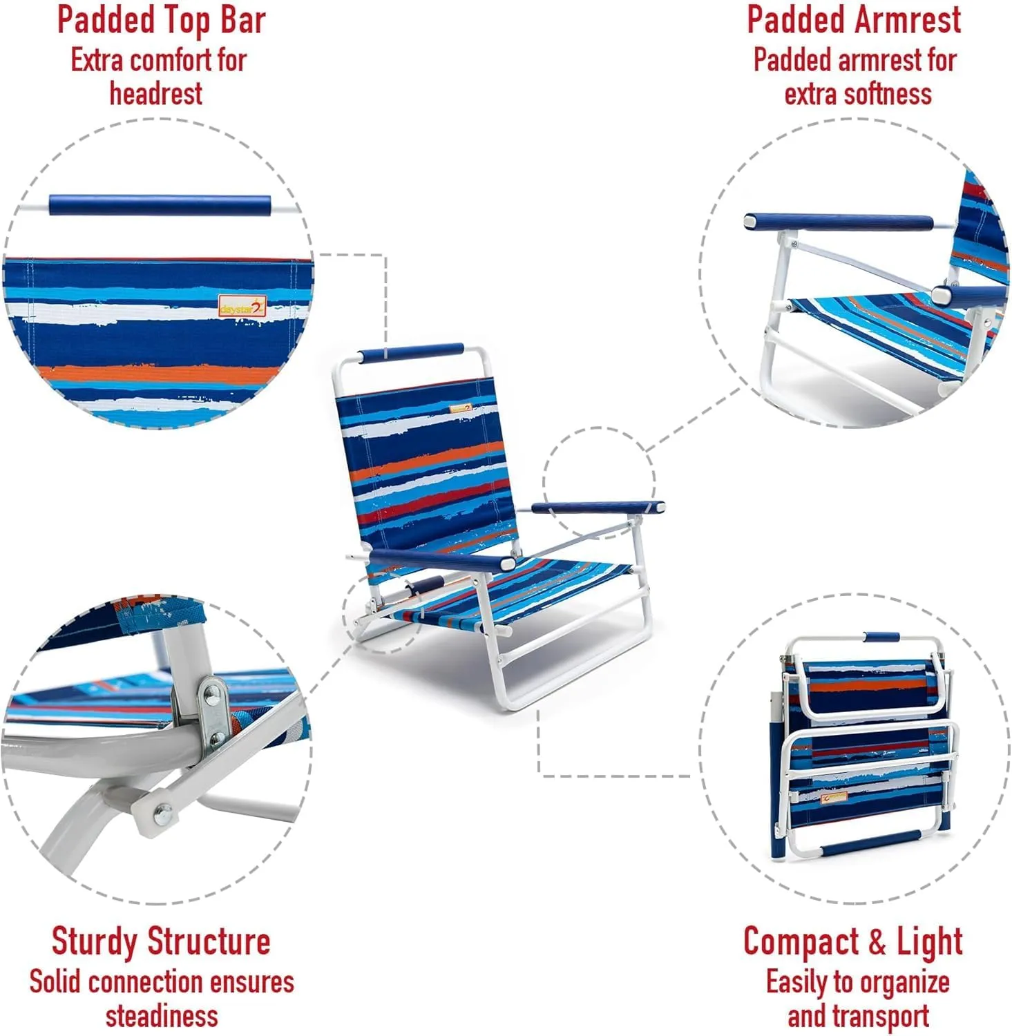 SunnyFeel Low Folding Beach Chair for Adults, Lightweight Beach Chair, Portable Camping Sand Chairs with Hard Armrest, Supports 300lbs for Lawn Concert