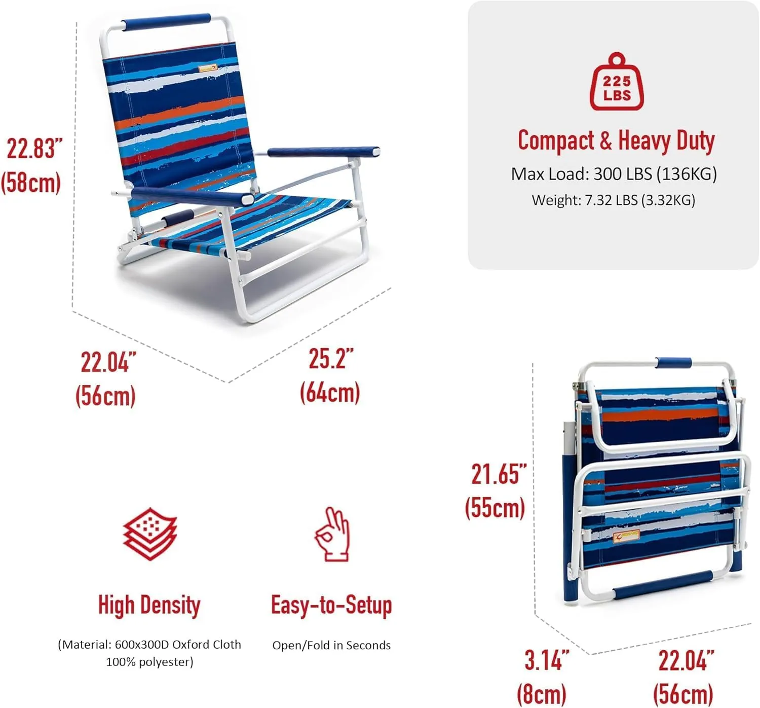 SunnyFeel Low Folding Beach Chair for Adults, Lightweight Beach Chair, Portable Camping Sand Chairs with Hard Armrest, Supports 300lbs for Lawn Concert
