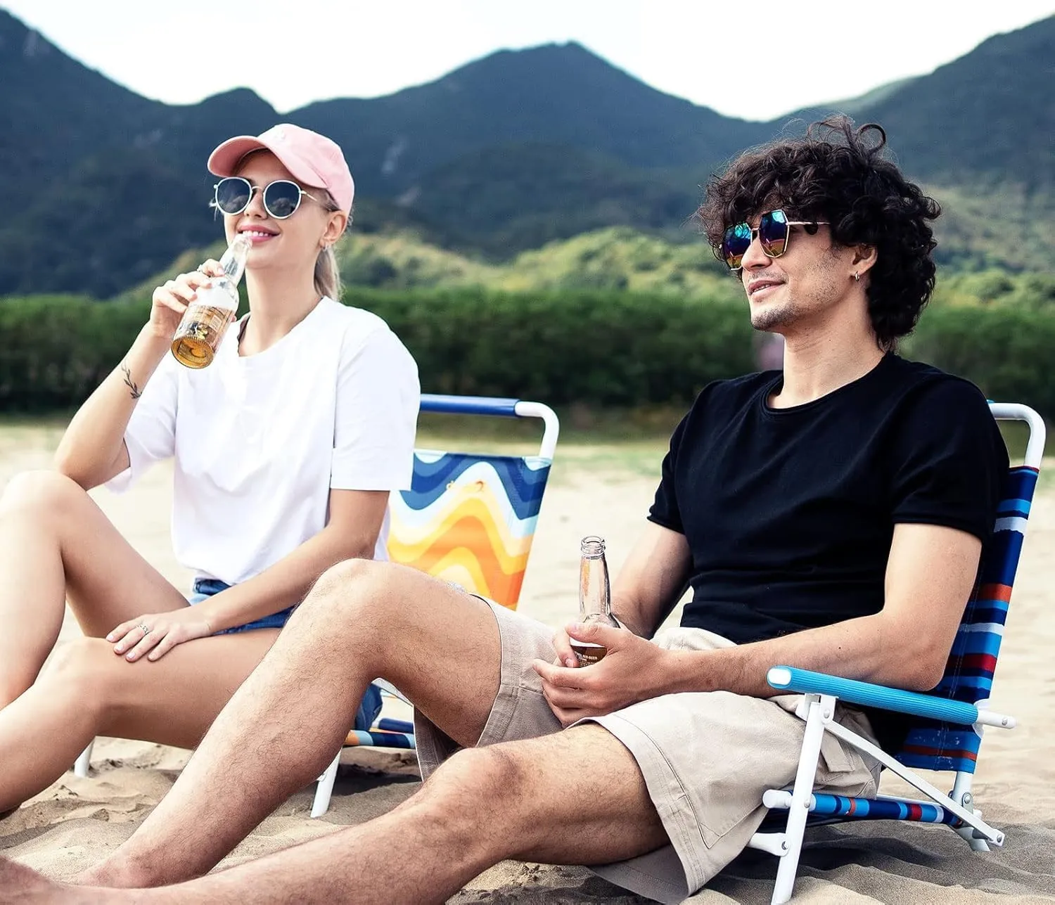 SunnyFeel Low Folding Beach Chair for Adults, Lightweight Beach Chair, Portable Camping Sand Chairs with Hard Armrest, Supports 300lbs for Lawn Concert