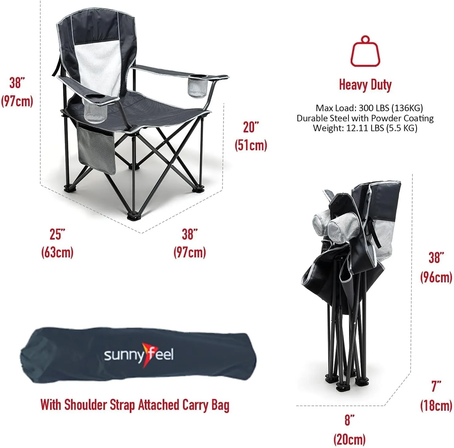 SUNNYFEEL XL Oversized Camping Chair, Folding Camp Chairs for Adults Heavy Duty Big Tall 300 LBS, Padded Portable Quad Arm Lawn Chair with Pocket for Outdoor/Picnic/Beach/Sports