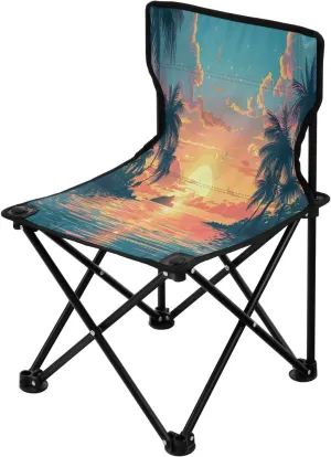 Sunset Coconut Tree Portable Outdoor Folding Chair Anti-Slip Padded Oxford Cloth Stool Camping Chair Small for Beach Hiking Fishing Gardening Quad Camp Chair