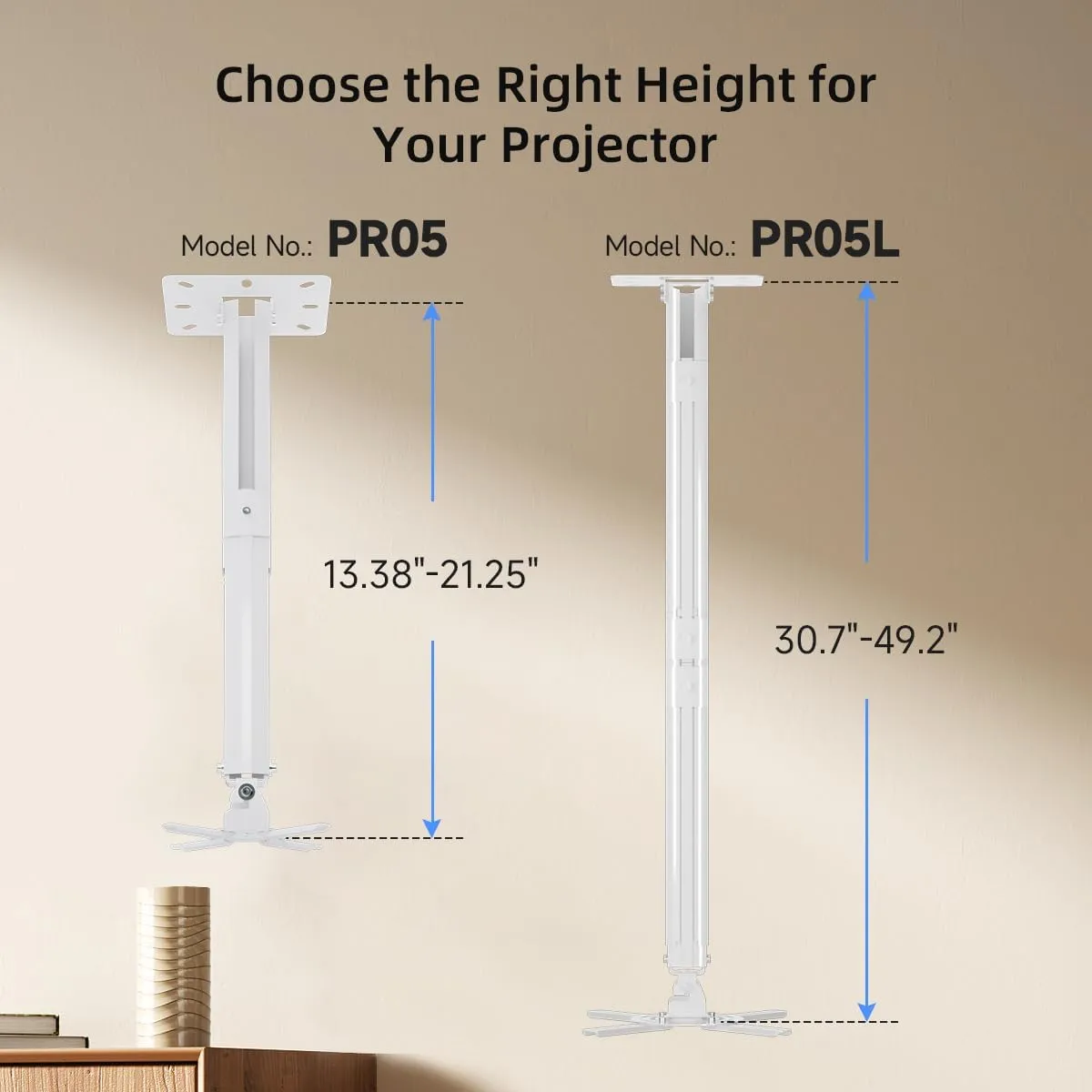 suptek White Projector Ceiling Mount Bracket Fits Flat or Sloped Ceiling Height Adjustable with Extendable Length for LCD/DLP Projectors (PR05)