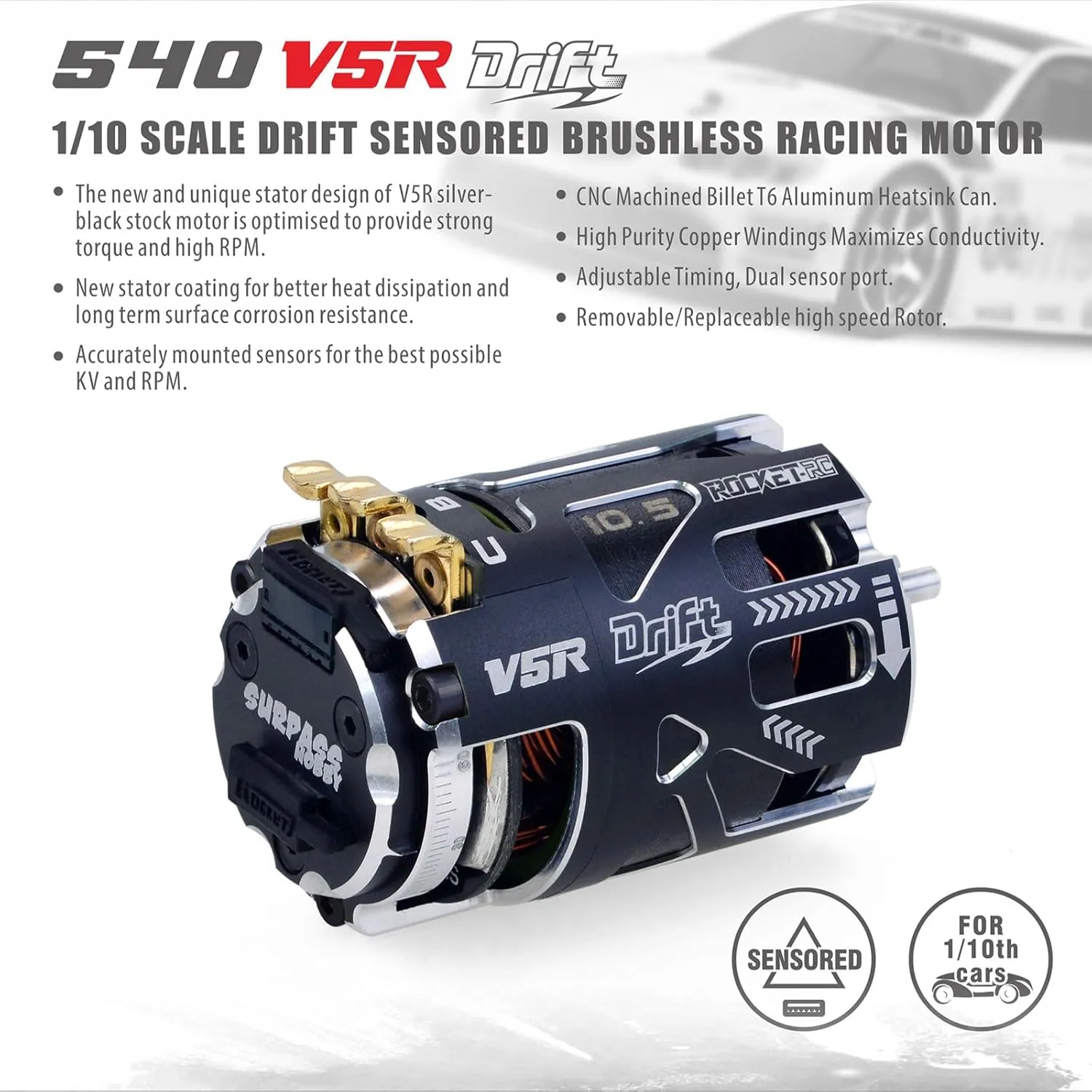 Surpass Hobby 540 V5R Drift Sensored Brushless Motor, 10.5T Brushless Motor with 3.175 Shaft for 1/10 RC Racing Car (Drift 10.5T)