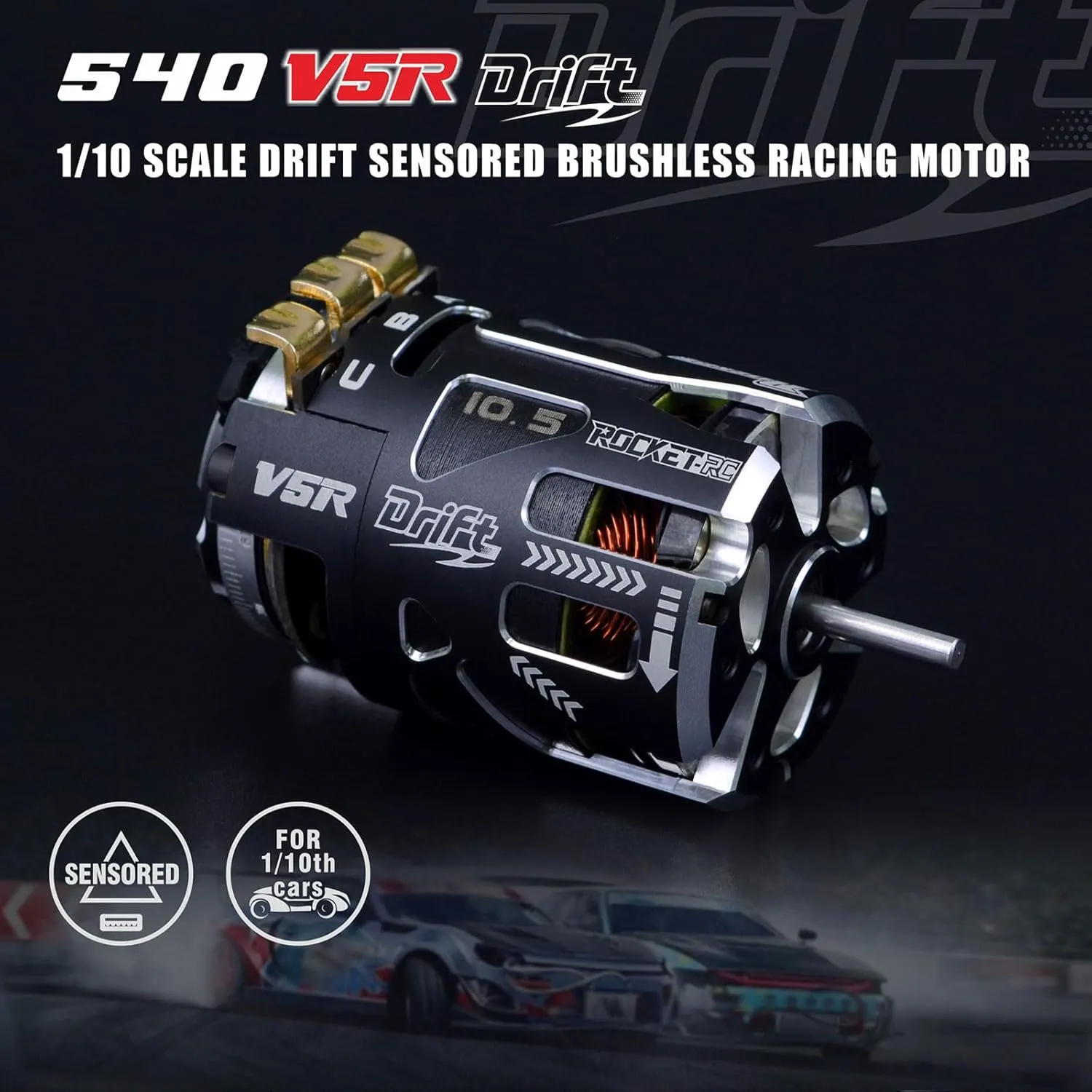 Surpass Hobby 540 V5R Drift Sensored Brushless Motor, 10.5T Brushless Motor with 3.175 Shaft for 1/10 RC Racing Car (Drift 10.5T)