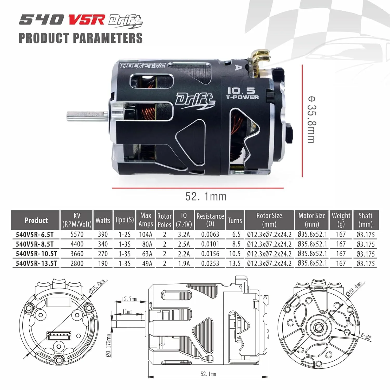 Surpass Hobby 540 V5R Drift Sensored Brushless Motor, 10.5T Brushless Motor with 3.175 Shaft for 1/10 RC Racing Car (Drift 10.5T)