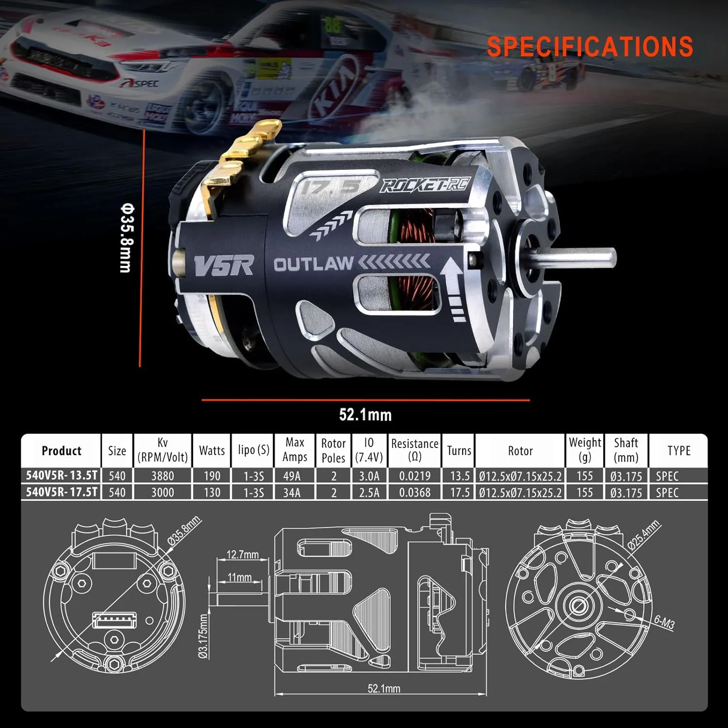Surpass Hobby Outlaw 540 V5R Sensored Brushless Motor,3000KV Competition Level Motor with Shaft 3.175 Use for 1:10 RC Racing Car (17.5T)