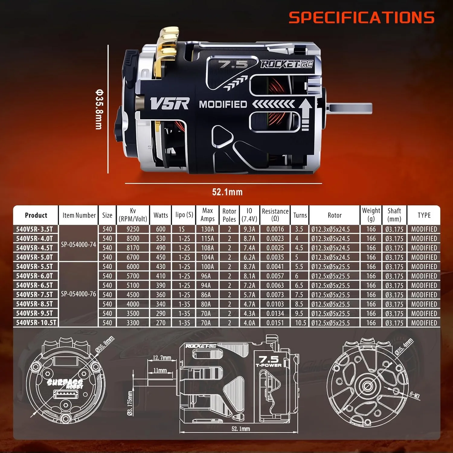 Surpass Hobby Rocket RC 540 V5R Sensored Brushless Motor Competition Level Motor with Shaft 3.175 Use for 1:10 RC Racing Car/Truck（Modified 7.5T）