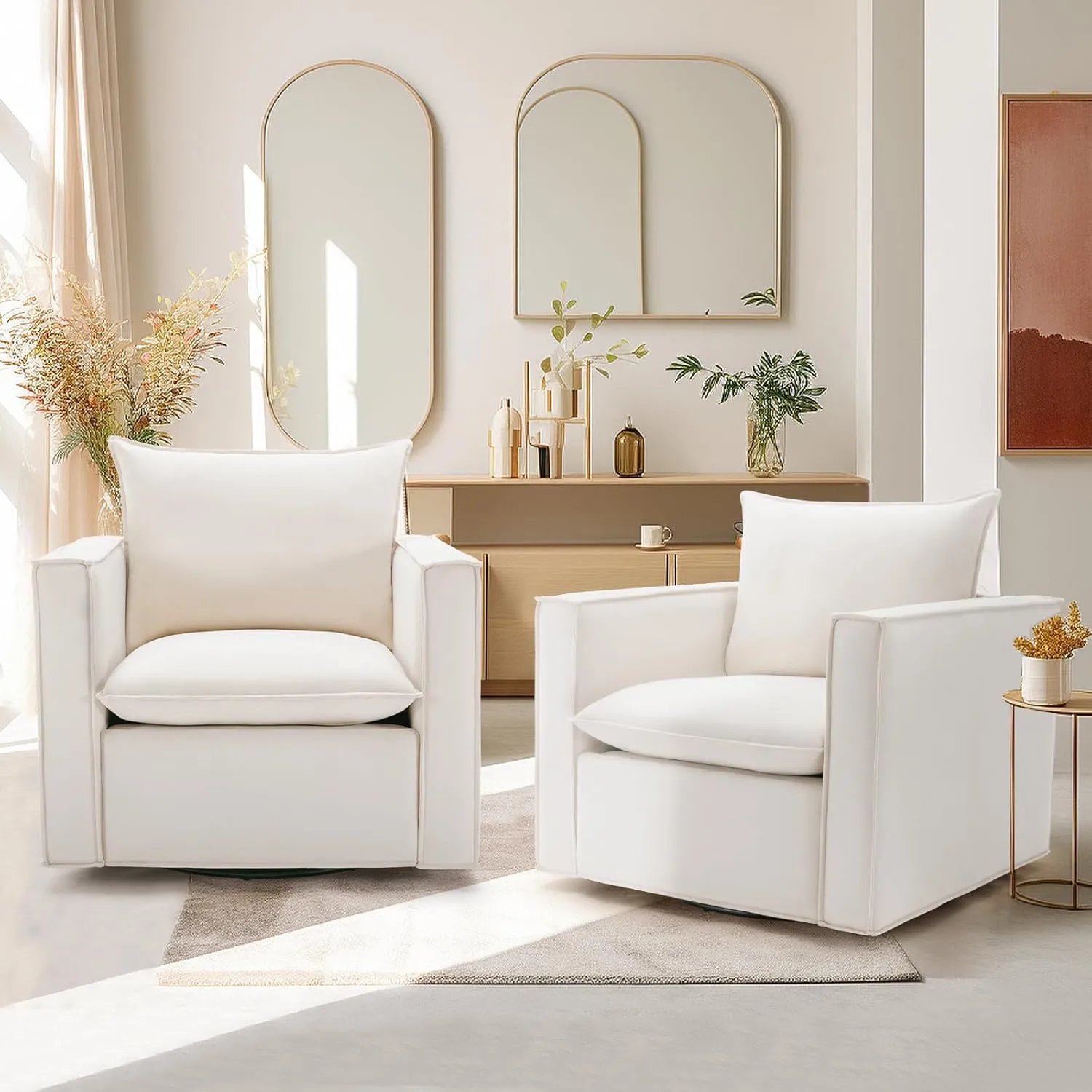 Swivel Accent Chair Set of 2,34'' Wide Upholstered Arm Chair with Plump Back Pillow, Modern Sofa Living Room Chair for Bedroom, Corner, Reading Nook-Classic Beige
