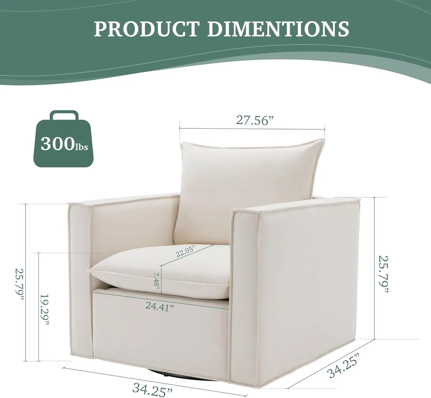 Swivel Accent Chair Set of 2,34'' Wide Upholstered Arm Chair with Plump Back Pillow, Modern Sofa Living Room Chair for Bedroom, Corner, Reading Nook-Classic Beige