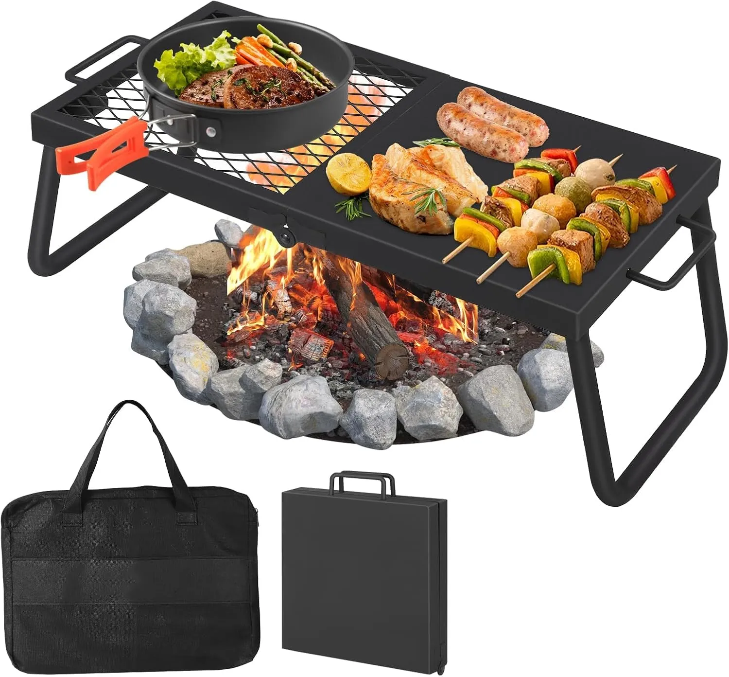 Swivel Campfire Grill With Carrying Bag Heavy Duty Steel Grate Fire Pit Grill Grate Over Fire Pits 360° Adjustable Open Fire Outdoor Cooking Equipment Portable Camp Fire Racks for Camping Outdoor BBQ