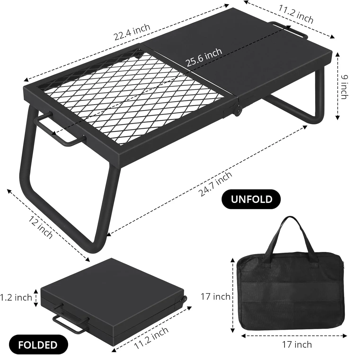 Swivel Campfire Grill With Carrying Bag Heavy Duty Steel Grate Fire Pit Grill Grate Over Fire Pits 360° Adjustable Open Fire Outdoor Cooking Equipment Portable Camp Fire Racks for Camping Outdoor BBQ