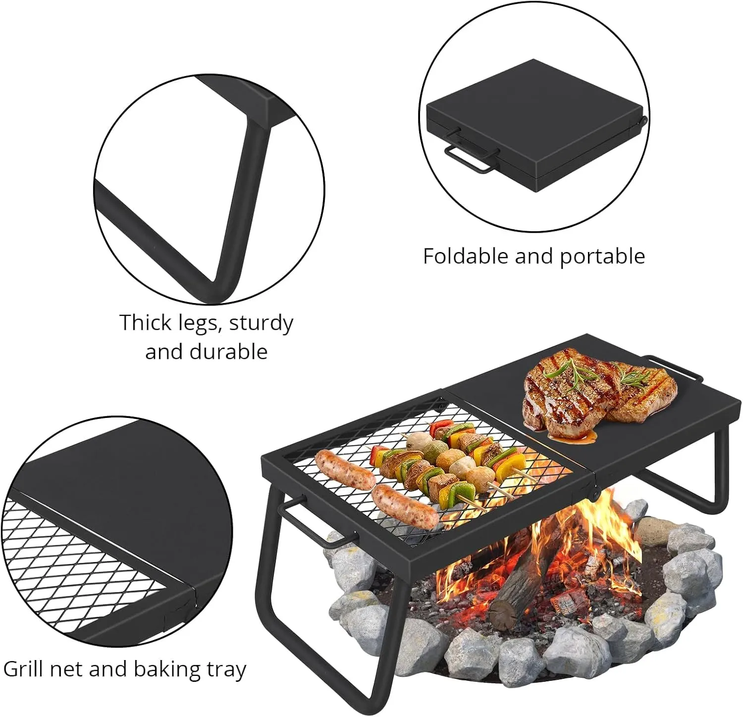 Swivel Campfire Grill With Carrying Bag Heavy Duty Steel Grate Fire Pit Grill Grate Over Fire Pits 360° Adjustable Open Fire Outdoor Cooking Equipment Portable Camp Fire Racks for Camping Outdoor BBQ