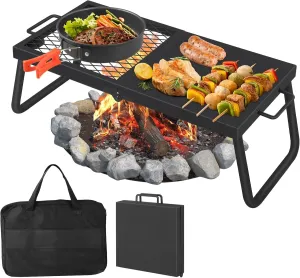 Swivel Campfire Grill With Carrying Bag Heavy Duty Steel Grate Fire Pit Grill Grate Over Fire Pits 360° Adjustable Open Fire Outdoor Cooking Equipment Portable Camp Fire Racks for Camping Outdoor BBQ