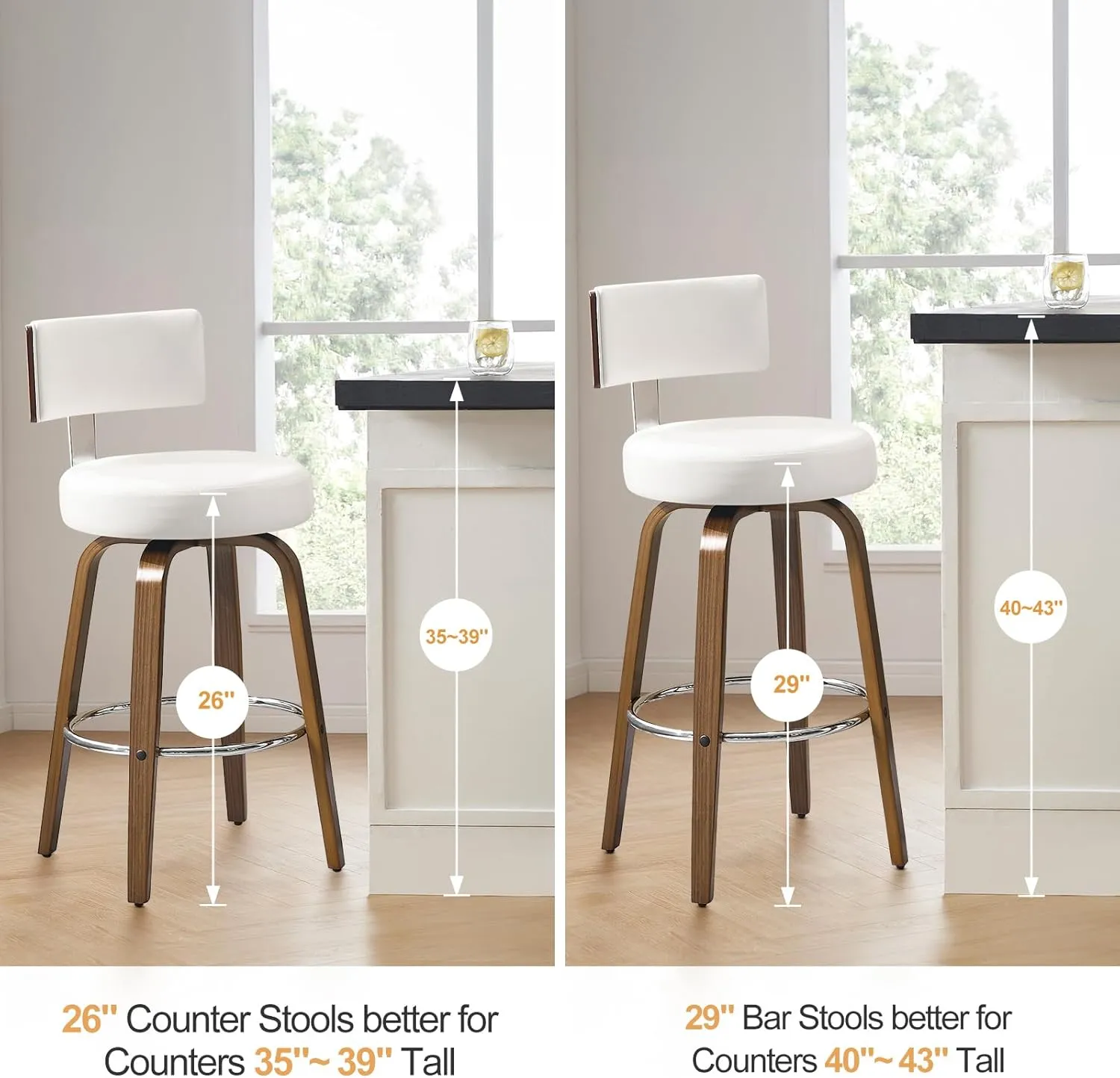 Swivel Counter Height Bar Stools Set of 2, Faux Leather Kitchen Stools Upholstered Barstools with Back, Walnut Wood Legs, Mid Century Island Chairs Counter Stools, 26" Seat Height, White
