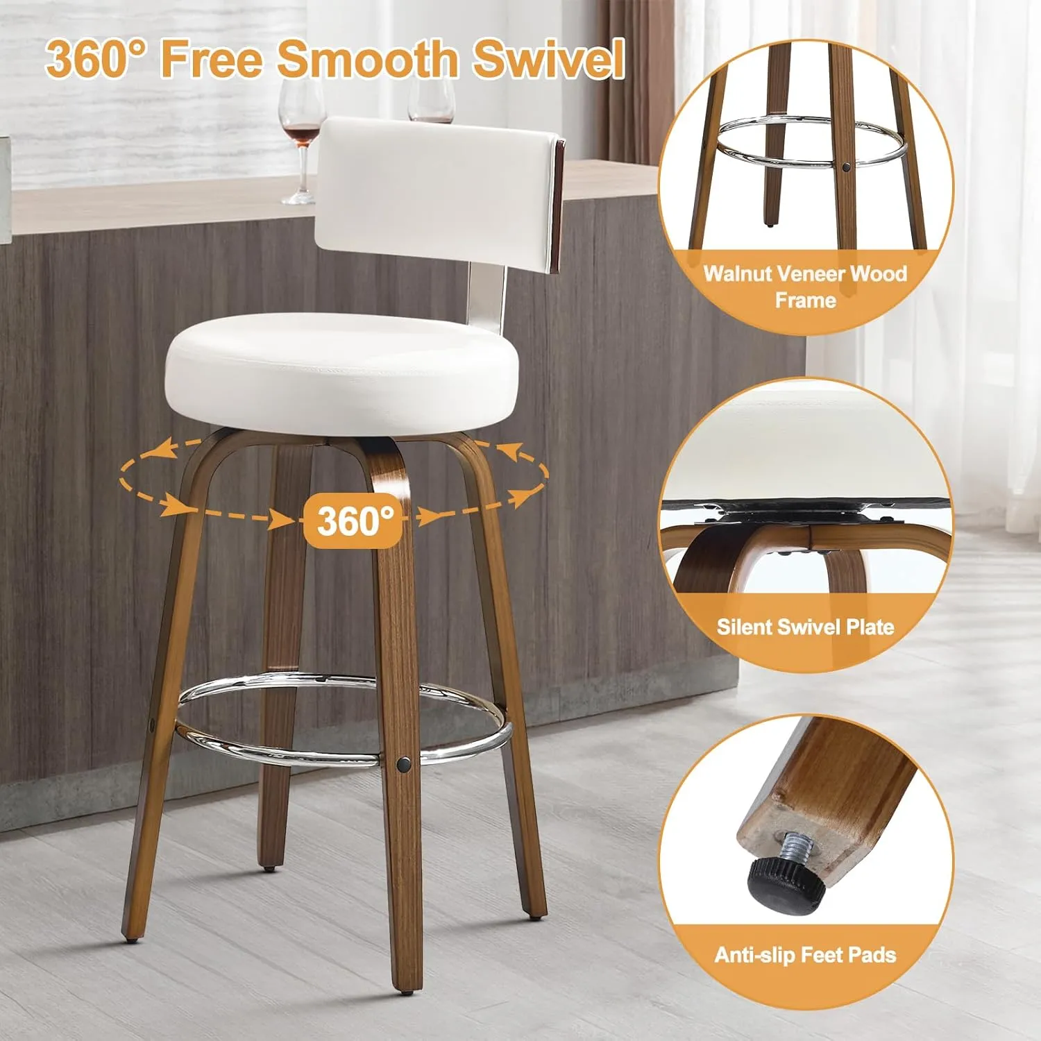 Swivel Counter Height Bar Stools Set of 2, Faux Leather Kitchen Stools Upholstered Barstools with Back, Walnut Wood Legs, Mid Century Island Chairs Counter Stools, 26" Seat Height, White