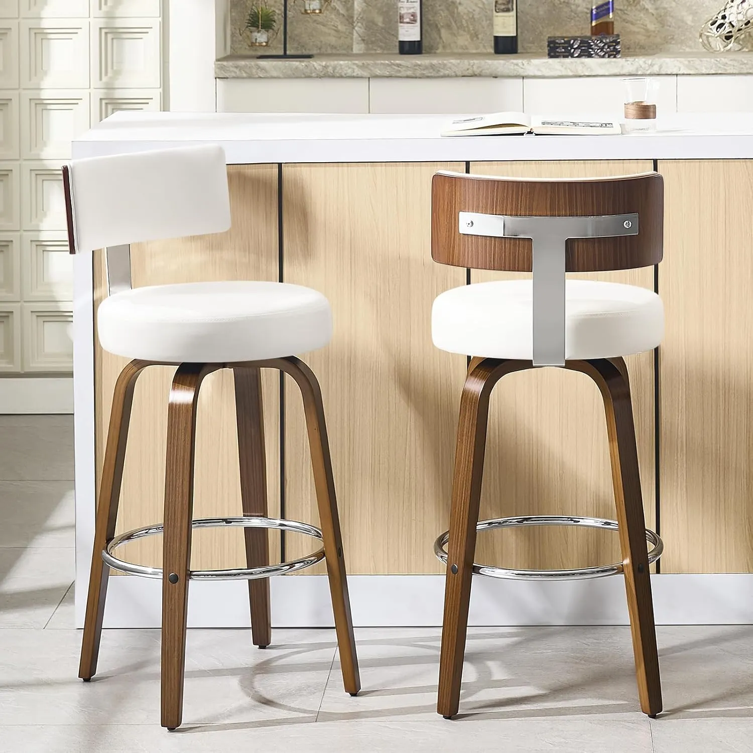 Swivel Counter Height Bar Stools Set of 2, Faux Leather Kitchen Stools Upholstered Barstools with Back, Walnut Wood Legs, Mid Century Island Chairs Counter Stools, 26" Seat Height, White