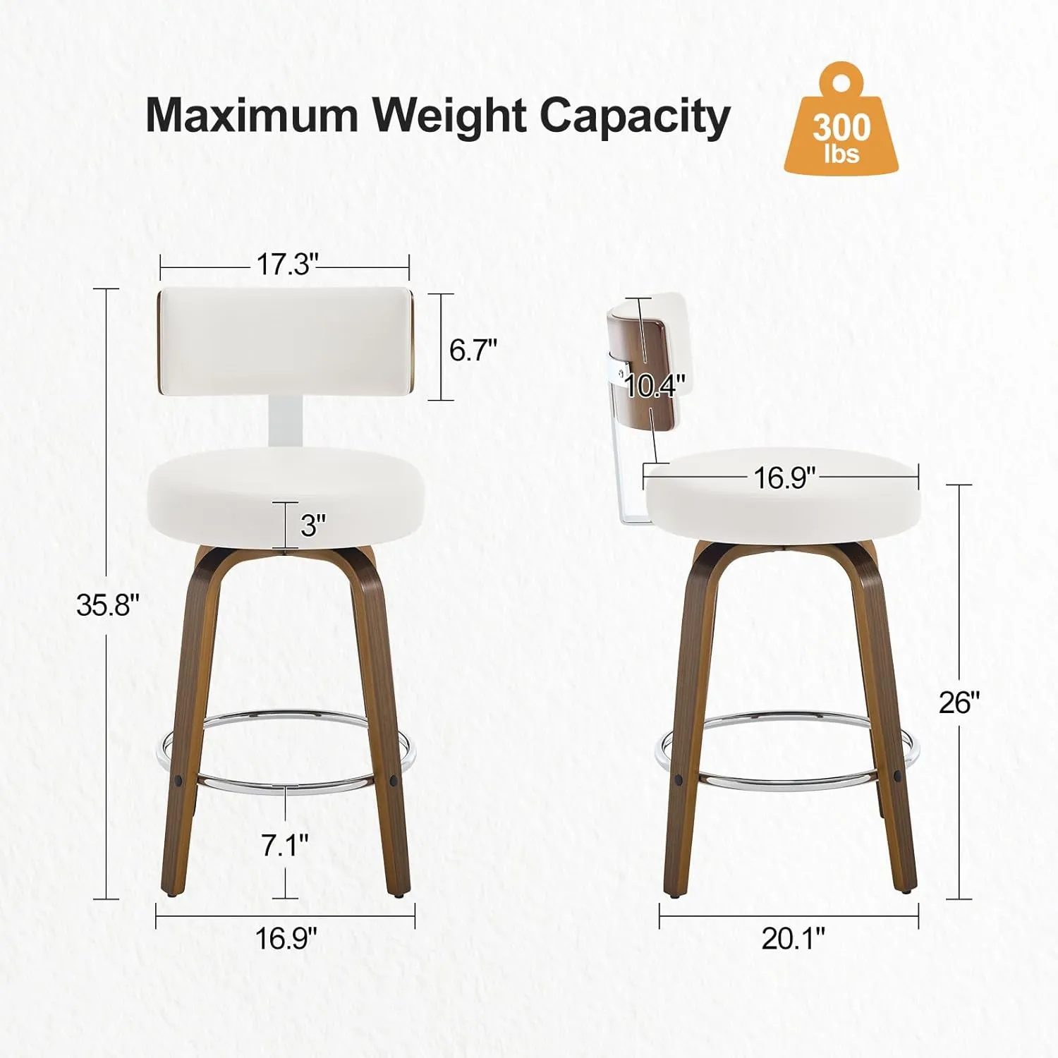 Swivel Counter Height Bar Stools Set of 2, Faux Leather Kitchen Stools Upholstered Barstools with Back, Walnut Wood Legs, Mid Century Island Chairs Counter Stools, 26" Seat Height, White
