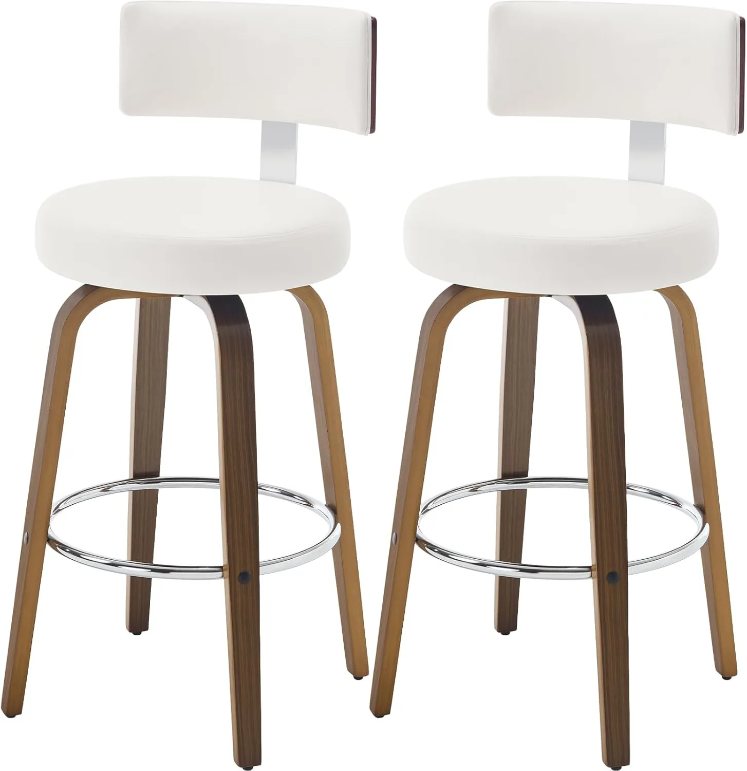 Swivel Counter Height Bar Stools Set of 2, Faux Leather Kitchen Stools Upholstered Barstools with Back, Walnut Wood Legs, Mid Century Island Chairs Counter Stools, 26" Seat Height, White