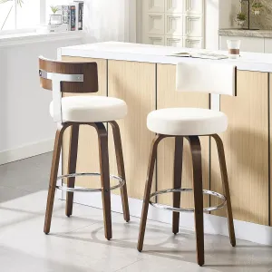 Swivel Counter Height Bar Stools Set of 2, Faux Leather Kitchen Stools Upholstered Barstools with Back, Walnut Wood Legs, Mid Century Island Chairs Counter Stools, 26" Seat Height, White