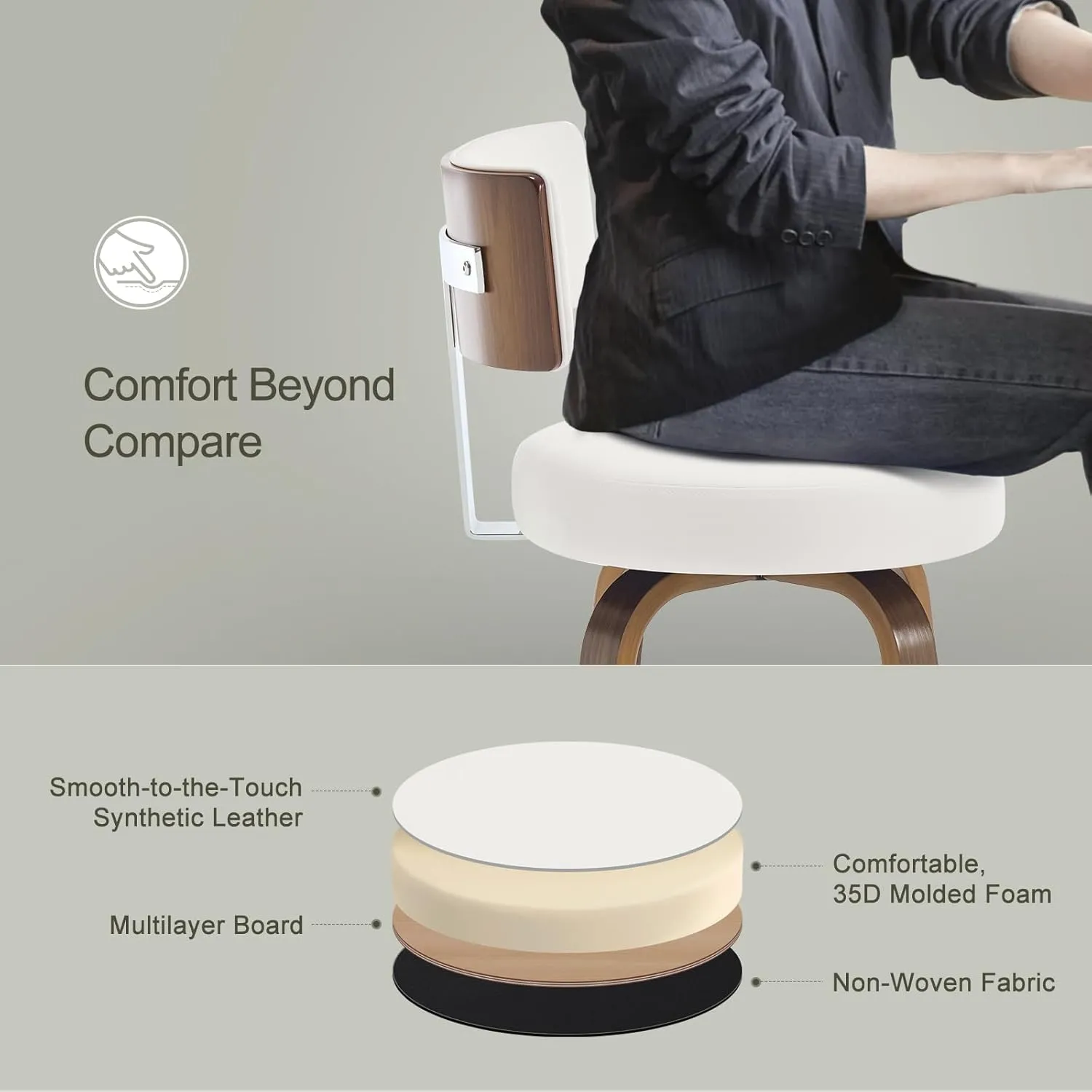 Swivel Counter Height Bar Stools Set of 2, Faux Leather Kitchen Stools Upholstered Barstools with Back, Walnut Wood Legs, Mid Century Island Chairs Counter Stools, 26" Seat Height, White