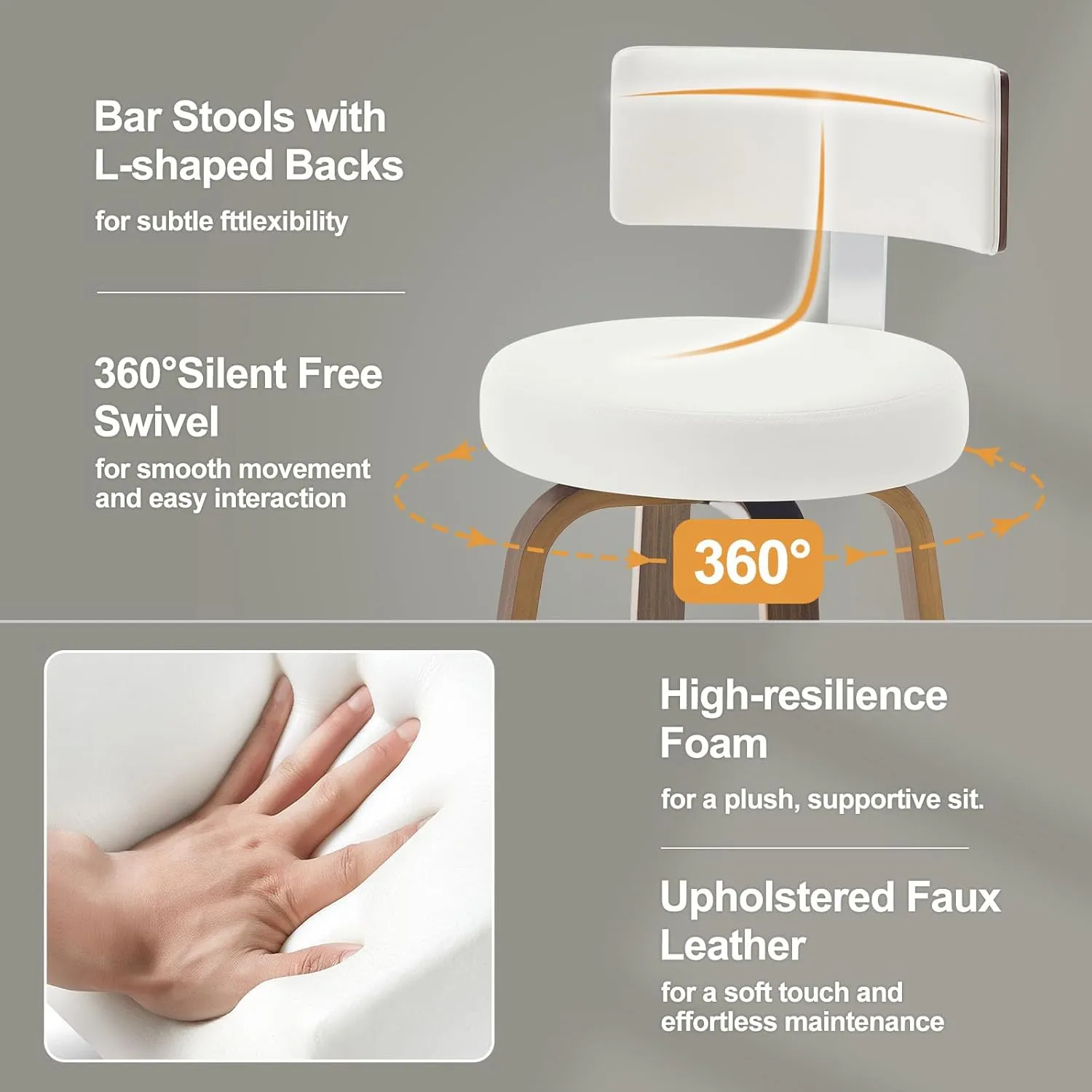 Swivel Counter Height Bar Stools Set of 2, Faux Leather Kitchen Stools Upholstered Barstools with Back, Walnut Wood Legs, Mid Century Island Chairs Counter Stools, 26" Seat Height, White