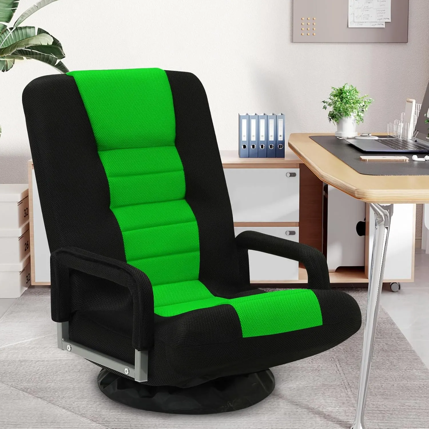 Swivel Floor Gaming Chair w/Armrests,Folding Video Reclining Sofa w/6 Adjustable Position, Padded Backrest & Cushion, Lazy Lounger Couch for E-Sports, Reading, Relaxing, Watching TV, Green