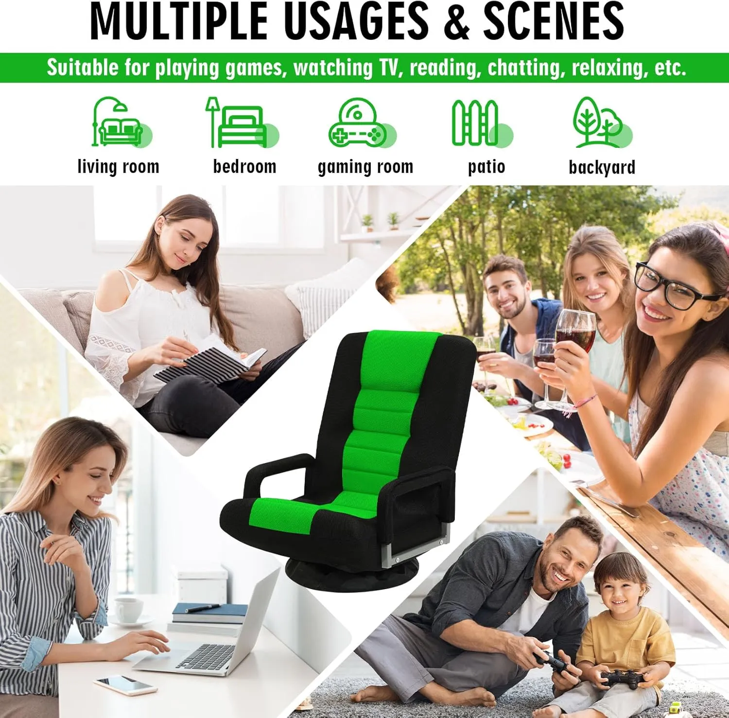 Swivel Floor Gaming Chair w/Armrests,Folding Video Reclining Sofa w/6 Adjustable Position, Padded Backrest & Cushion, Lazy Lounger Couch for E-Sports, Reading, Relaxing, Watching TV, Green