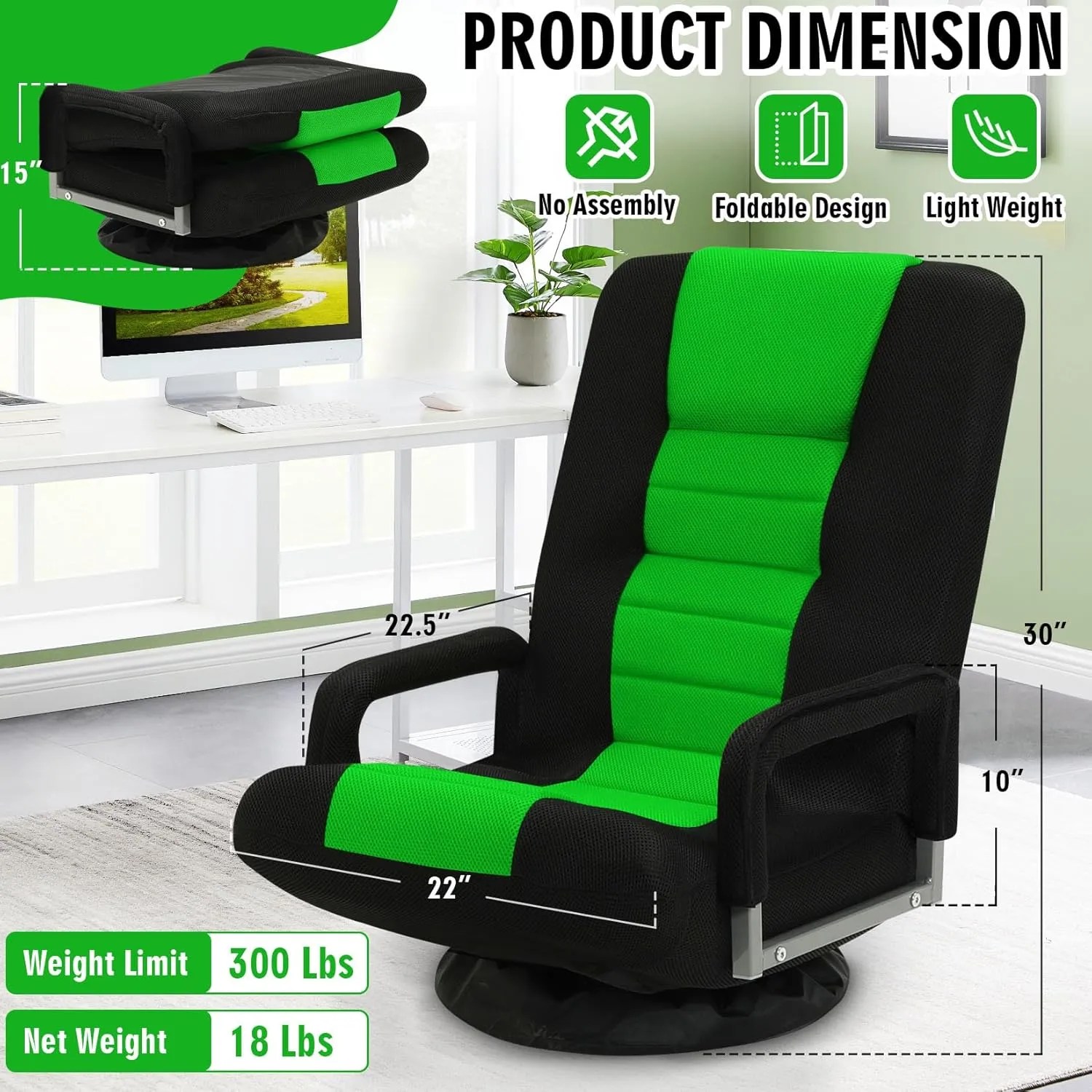 Swivel Floor Gaming Chair w/Armrests,Folding Video Reclining Sofa w/6 Adjustable Position, Padded Backrest & Cushion, Lazy Lounger Couch for E-Sports, Reading, Relaxing, Watching TV, Green