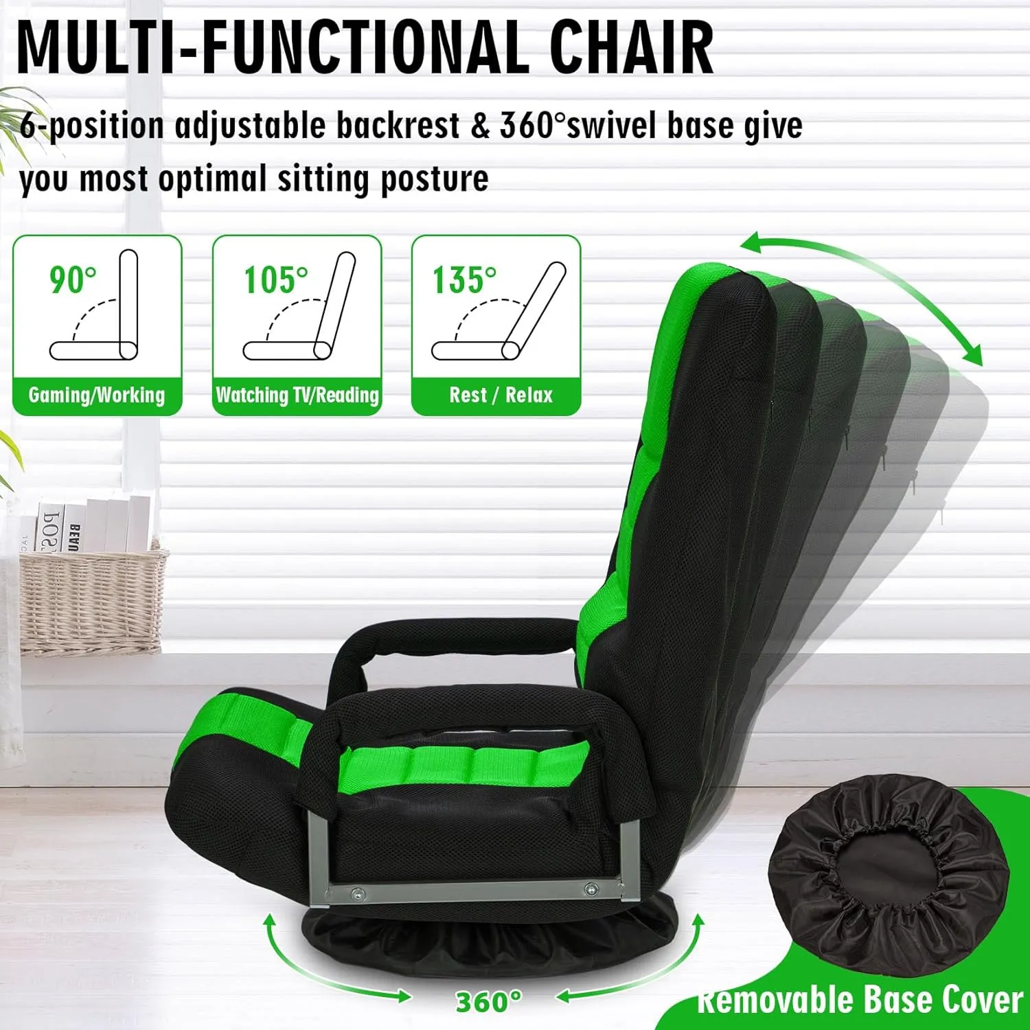 Swivel Floor Gaming Chair w/Armrests,Folding Video Reclining Sofa w/6 Adjustable Position, Padded Backrest & Cushion, Lazy Lounger Couch for E-Sports, Reading, Relaxing, Watching TV, Green