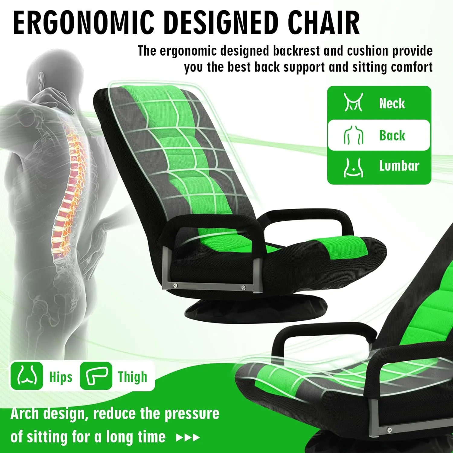 Swivel Floor Gaming Chair w/Armrests,Folding Video Reclining Sofa w/6 Adjustable Position, Padded Backrest & Cushion, Lazy Lounger Couch for E-Sports, Reading, Relaxing, Watching TV, Green