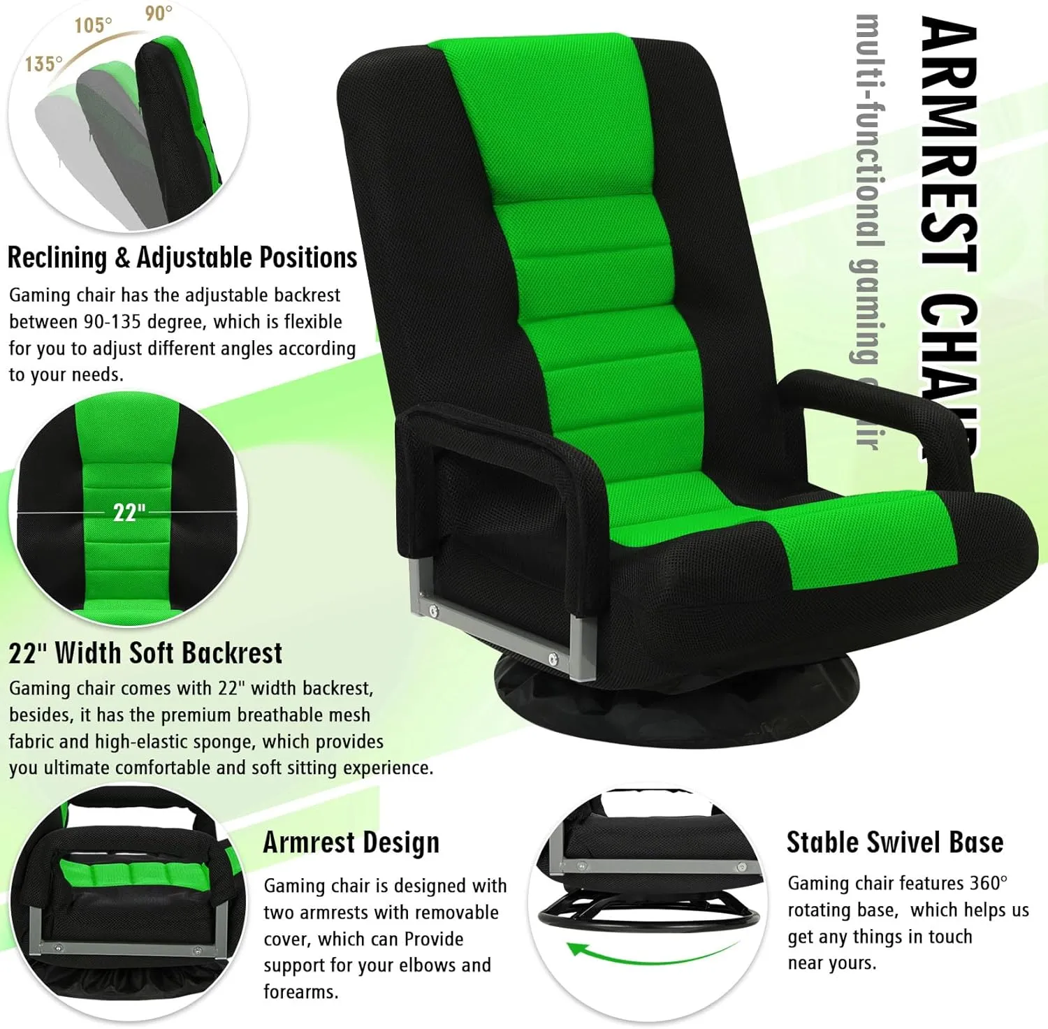 Swivel Floor Gaming Chair w/Armrests,Folding Video Reclining Sofa w/6 Adjustable Position, Padded Backrest & Cushion, Lazy Lounger Couch for E-Sports, Reading, Relaxing, Watching TV, Green