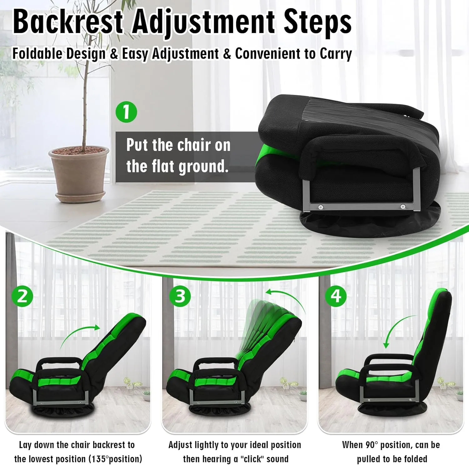 Swivel Floor Gaming Chair w/Armrests,Folding Video Reclining Sofa w/6 Adjustable Position, Padded Backrest & Cushion, Lazy Lounger Couch for E-Sports, Reading, Relaxing, Watching TV, Green
