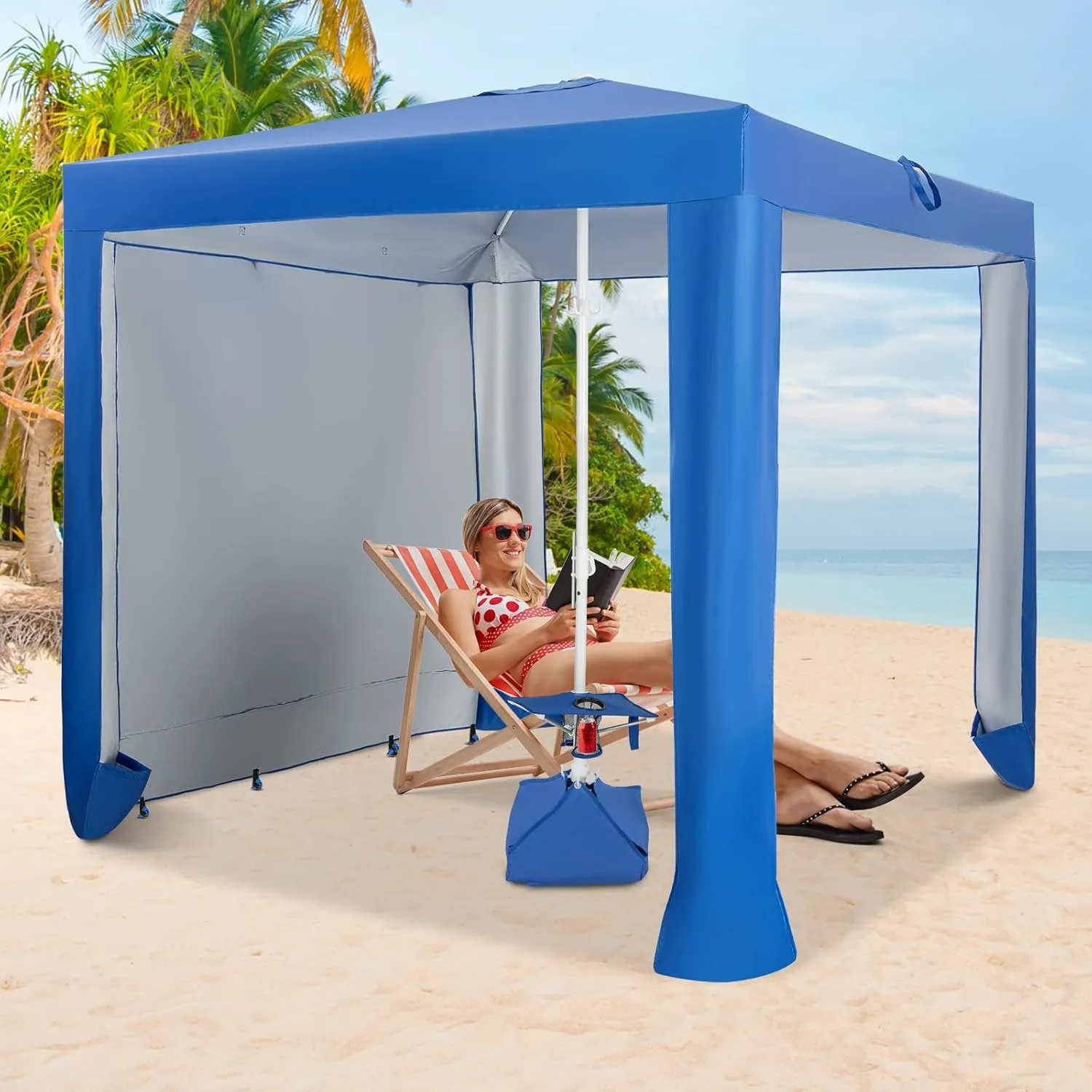 Tangkula 6.6x6.6 Ft Beach Cabana, Portable Beach Canopy with Detachable Sidewall, 5 Sandbags, 2 Cup Holders, Sand Anchor, UPF 50  Sun-Protection Outdoor Beach Umbrella Shelter with Carrying Bag